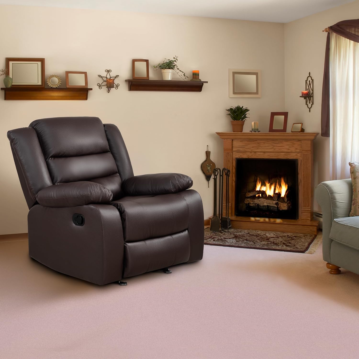 PrimeZone Oversized Rocker Recliner Chair Faux Leather Manual Reclining Brown