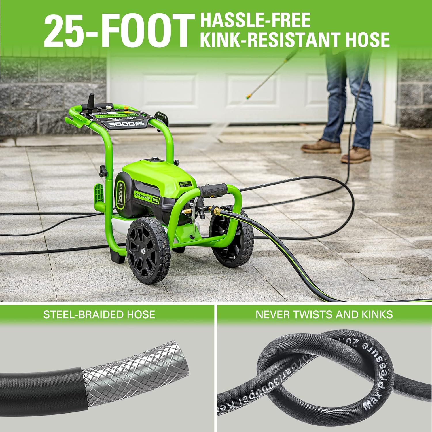 Greenworks 2000 PSI Electric Pressure Washer 13 Amp with Wheels 20 FT Hose 35 FT Cord