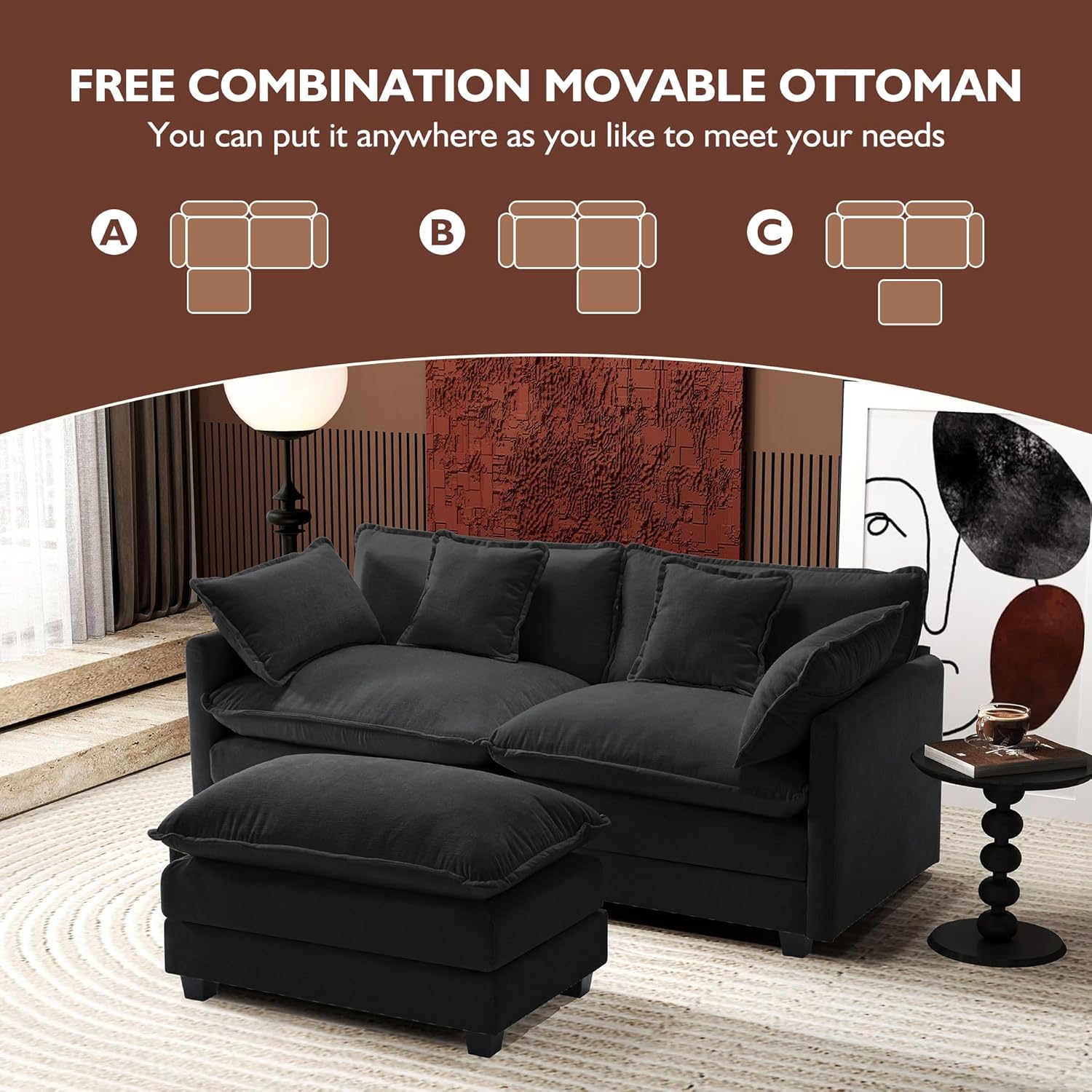 Ihanherry U Shaped Modular Cloud Sofa 5 Seat Chenille Sectional with Ottoman