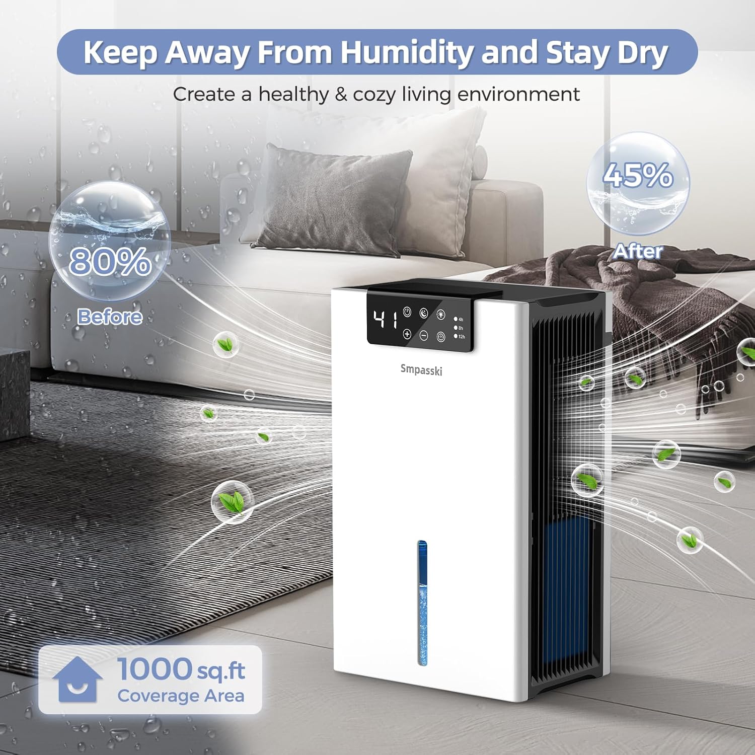 KeepGlad 1000sqft Dehumidifier for Home Basement Bedroom Auto Shut Off Washable Filter