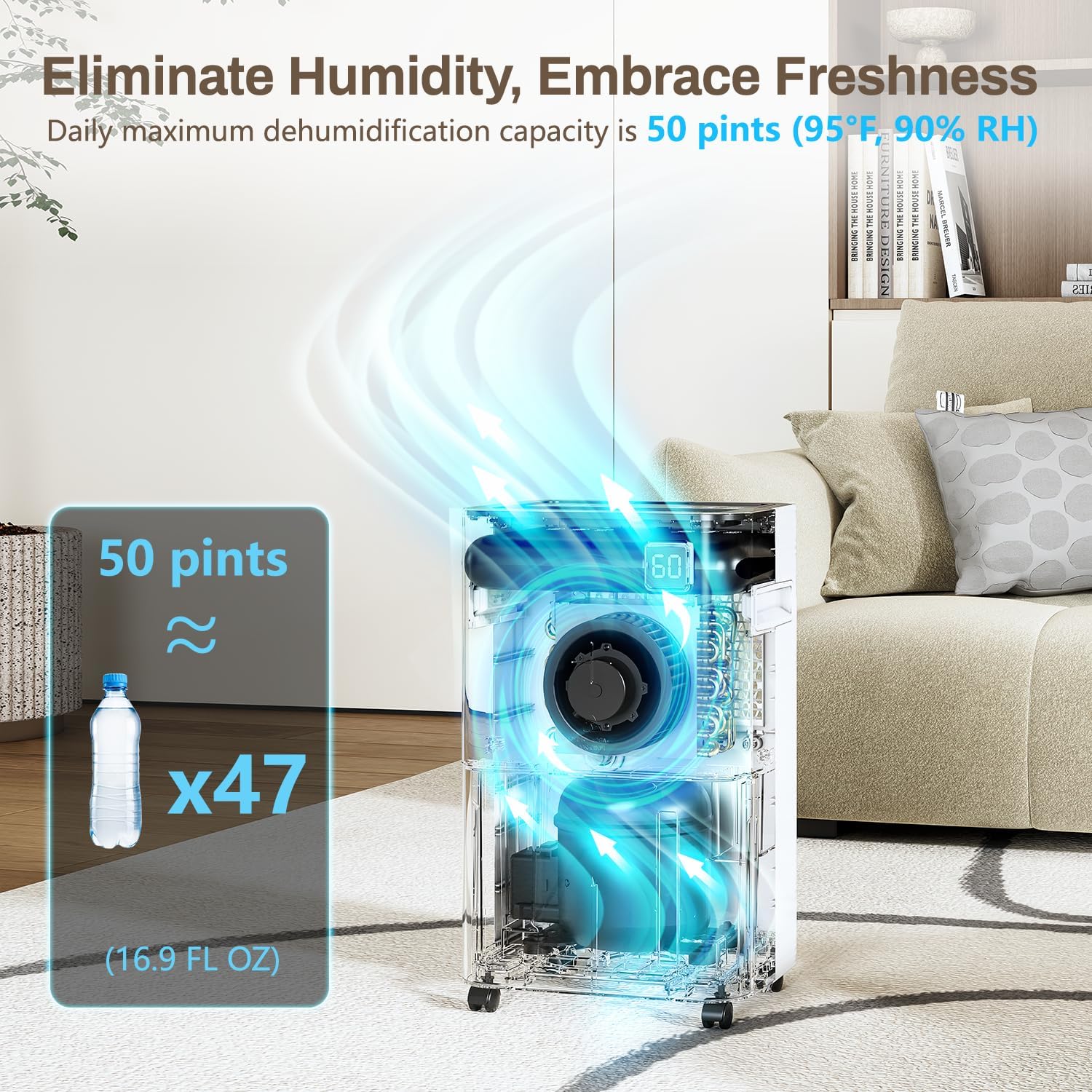 Wellsle 50 Pint Dehumidifier for Home Basement Bedroom Quiet Smart Auto Drain Hose
