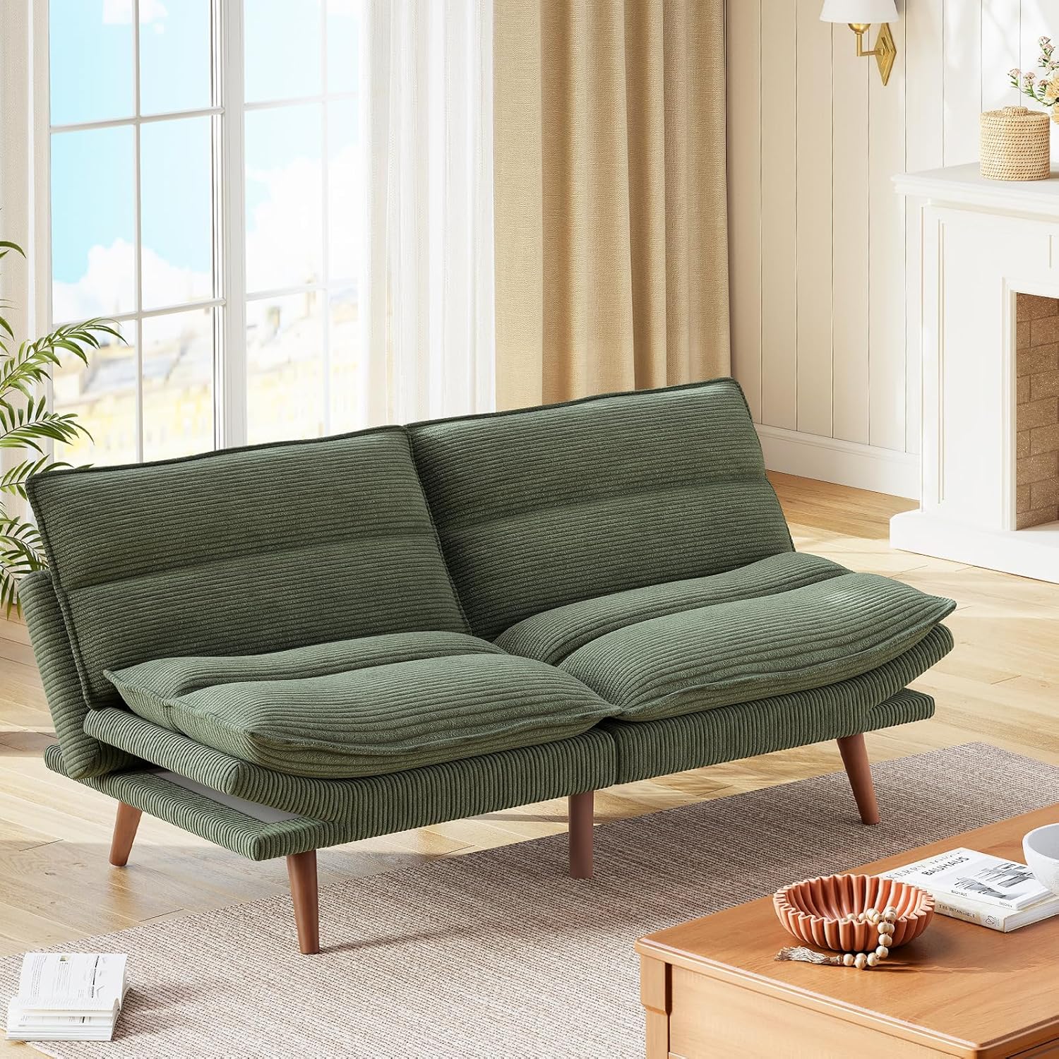 Marsail Futon Sofa Bed Convertible Corduroy Loveseat with Adjustable Backrest