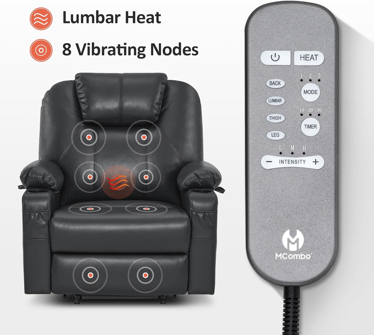 MCombo Electric Power Lift Recliner Massage Heat Chair for Elderly 3 Positions 2 Pockets USB