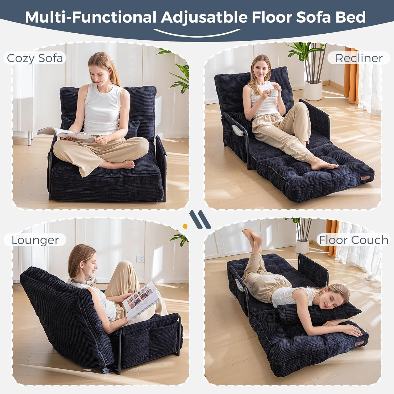 MAXYOYO Adjustable Floor Sofa Bed with Armrest Double Black Foldable Sleeper