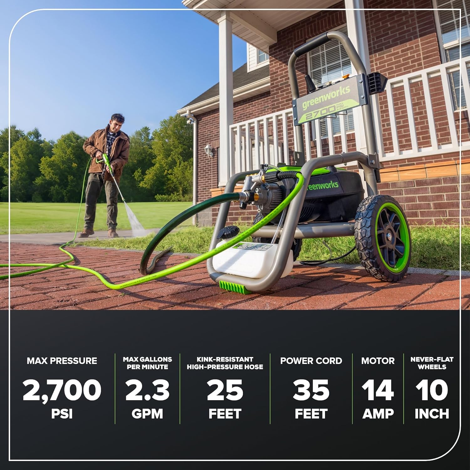 Greenworks 2000 PSI Electric Pressure Washer 13 Amp with Wheels 20 FT Hose 35 FT Cord