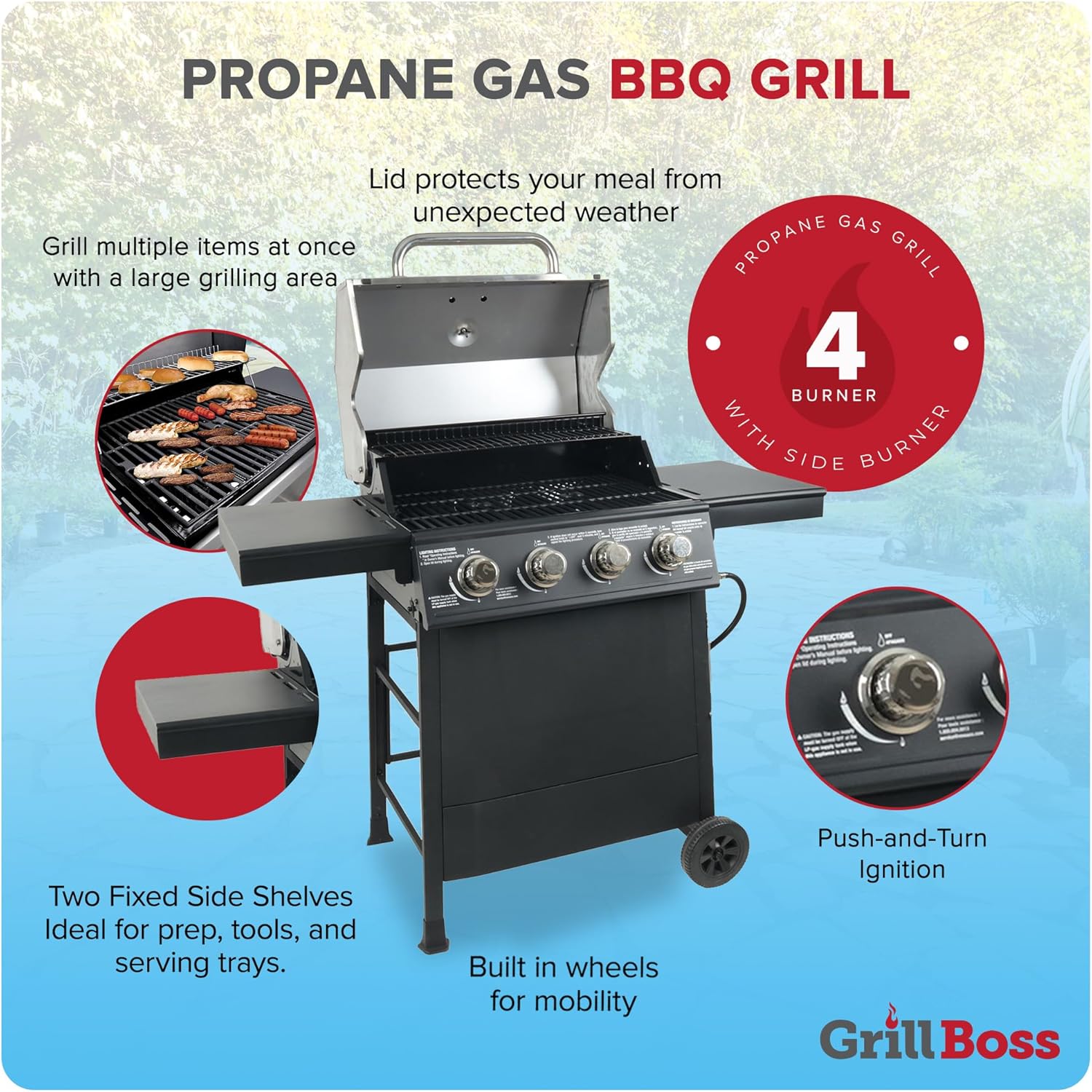 Cuisinart 4 Burner Propane Gas Grill Portable BBQ with Lid Wheels Side Shelves