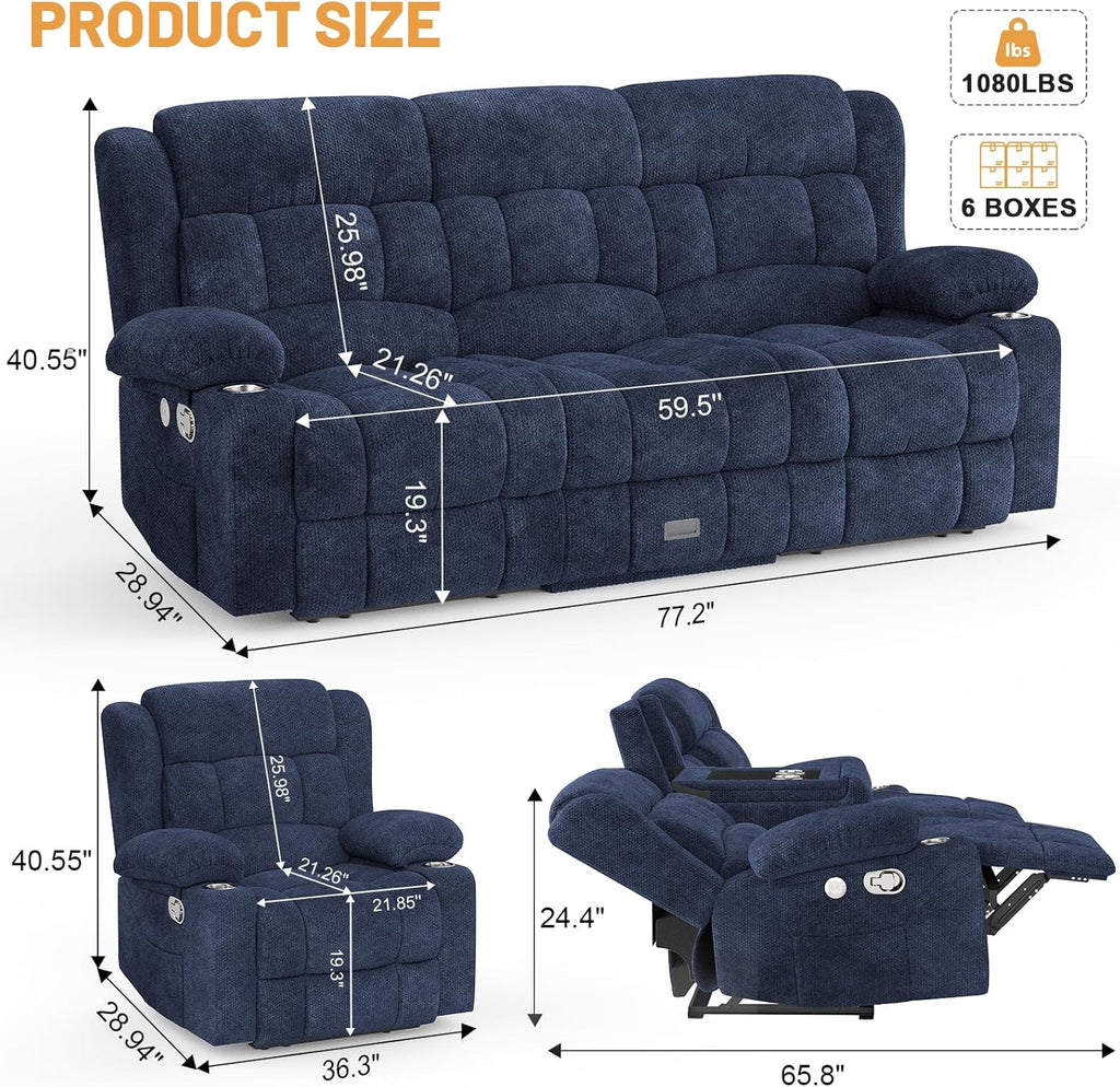 Dresegmt 3 Seat Loveseat Recliner Sofa Flip Middle Storage USB Ports Cup Holders