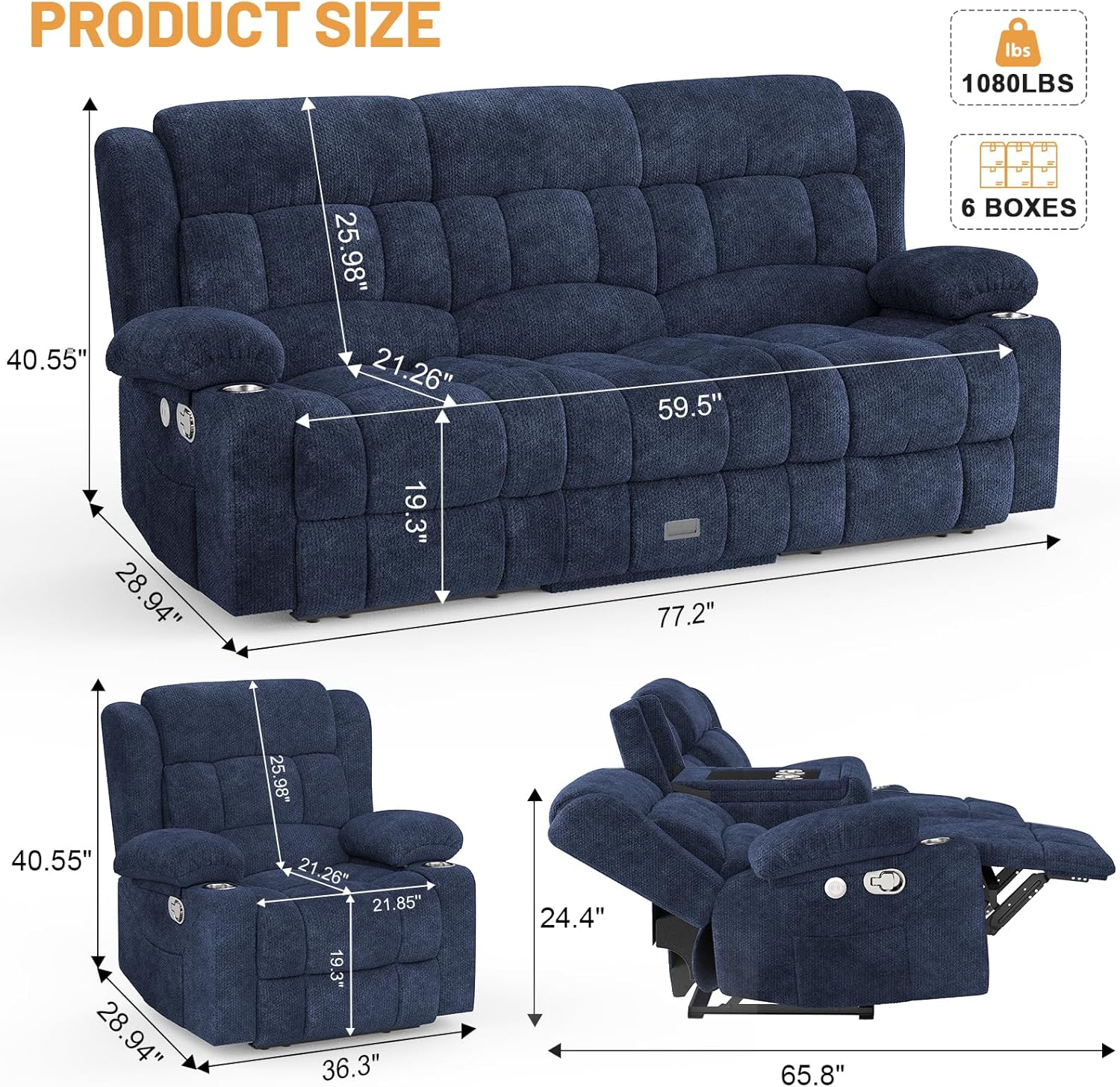 Dresegmt Loveseat Recliner Sofa 3 Seat Flip Backrest with Storage USB Cup Holders