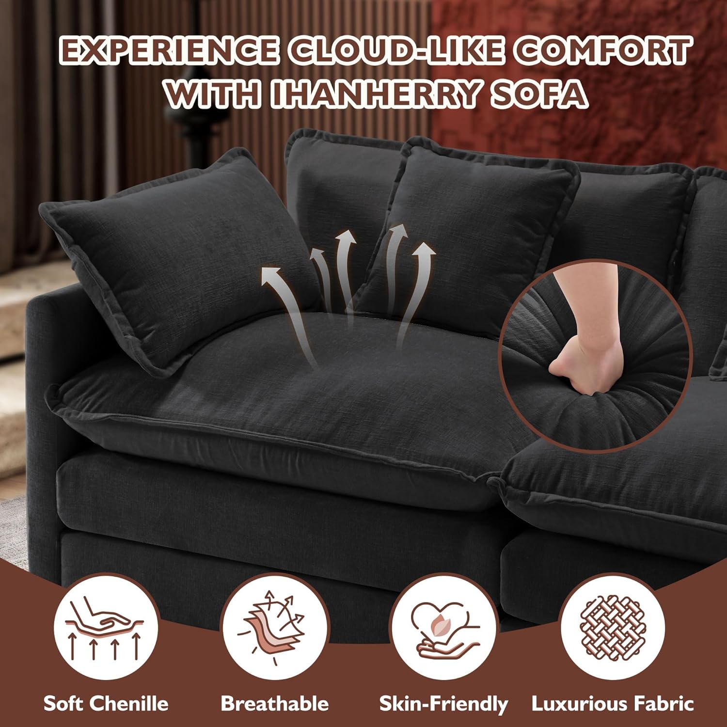 Ihanherry U Shaped Modular Cloud Sofa 5 Seat Chenille Sectional with Ottoman