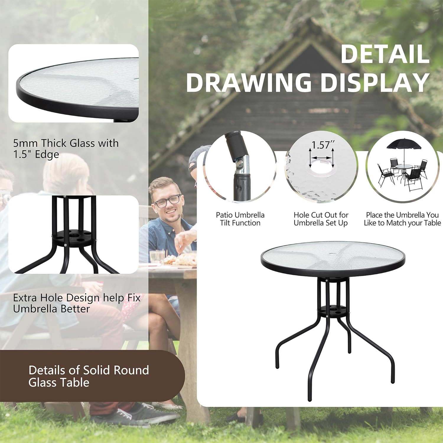 Vongrasig 6 Piece Folding Patio Dining Set Outdoor Table with 4 Chairs Umbrella