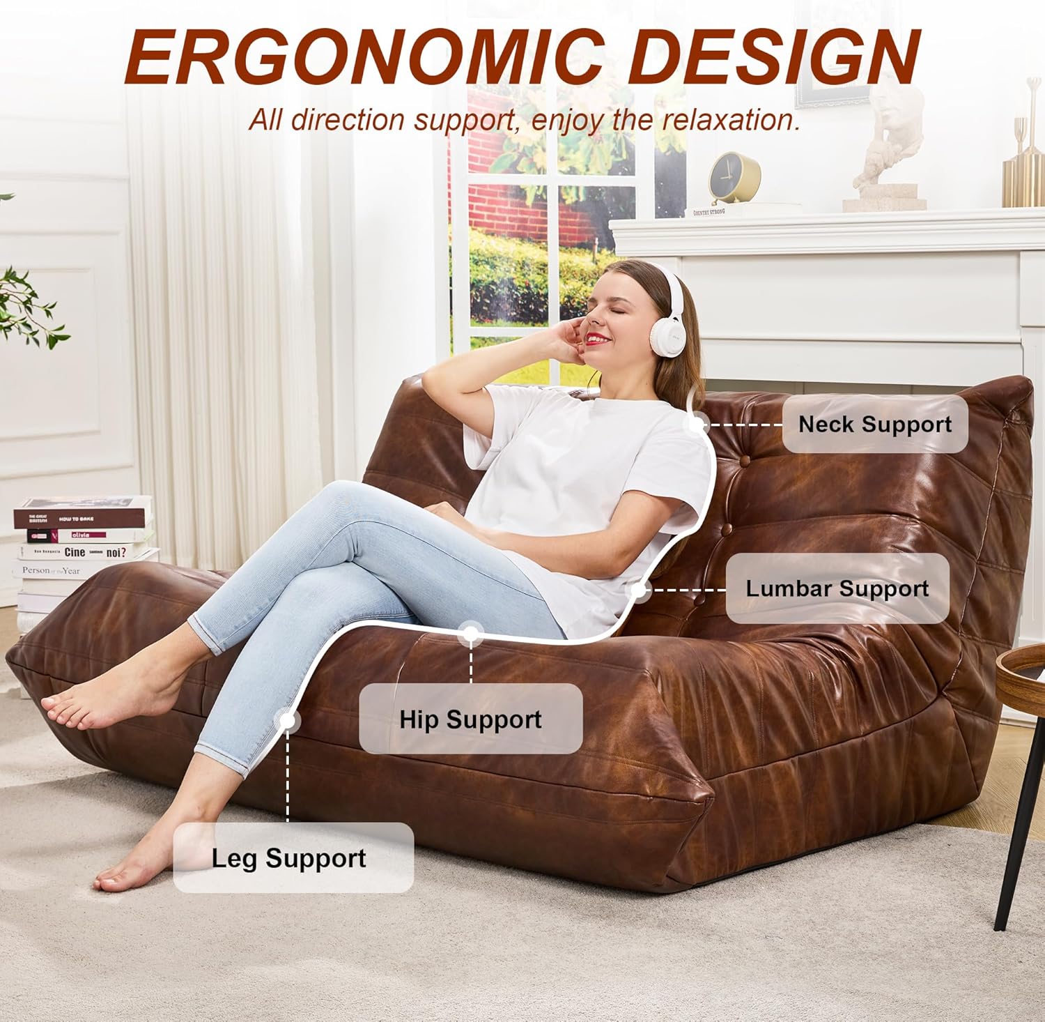 Hobestluk Giant Bean Bag Chair Memory Foam Faux Leather Floor Sofa for Adults