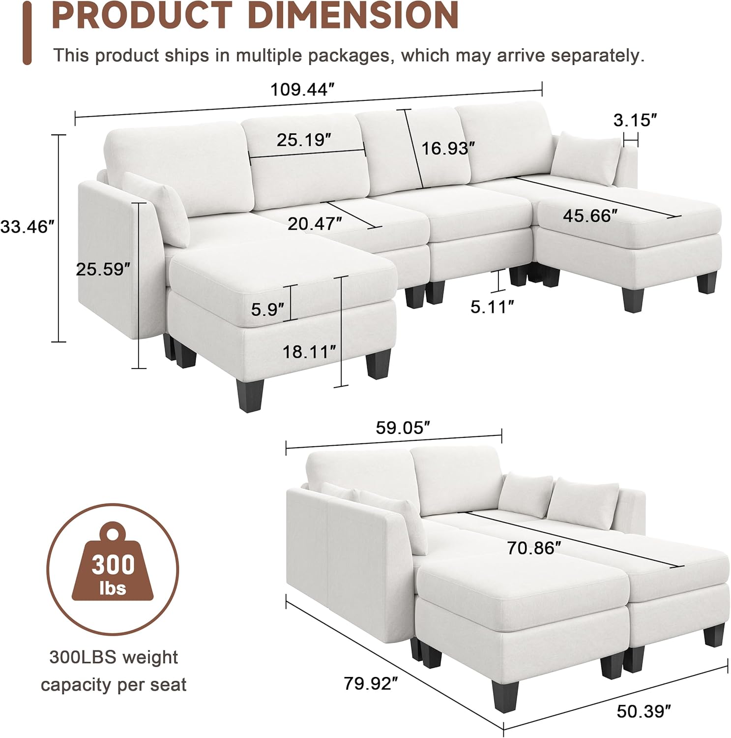 Huatean Home Modular Sectional Sofa U Shaped Couch 6 Seat Convertible High Density Foam