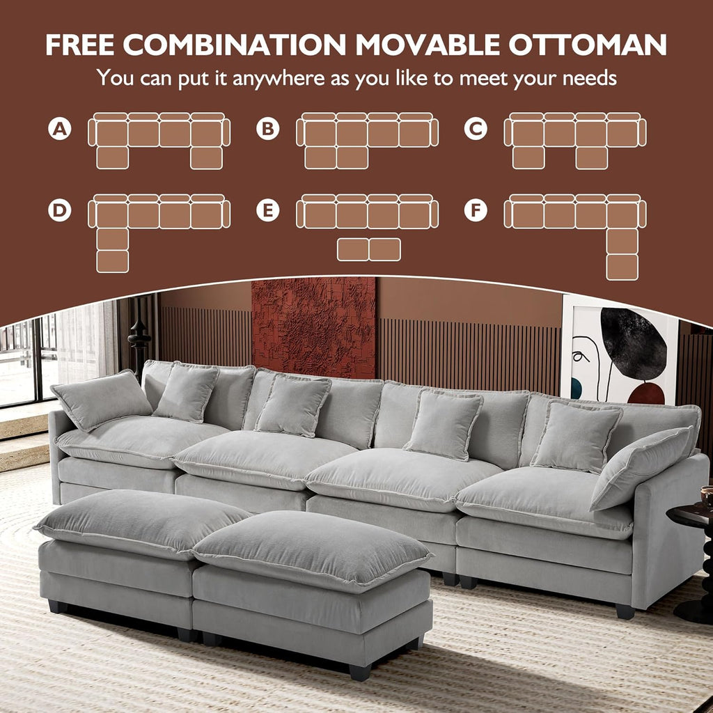 Ihanherry U Shaped Modular Cloud Sofa 5 Seat Chenille Sectional with Ottoman