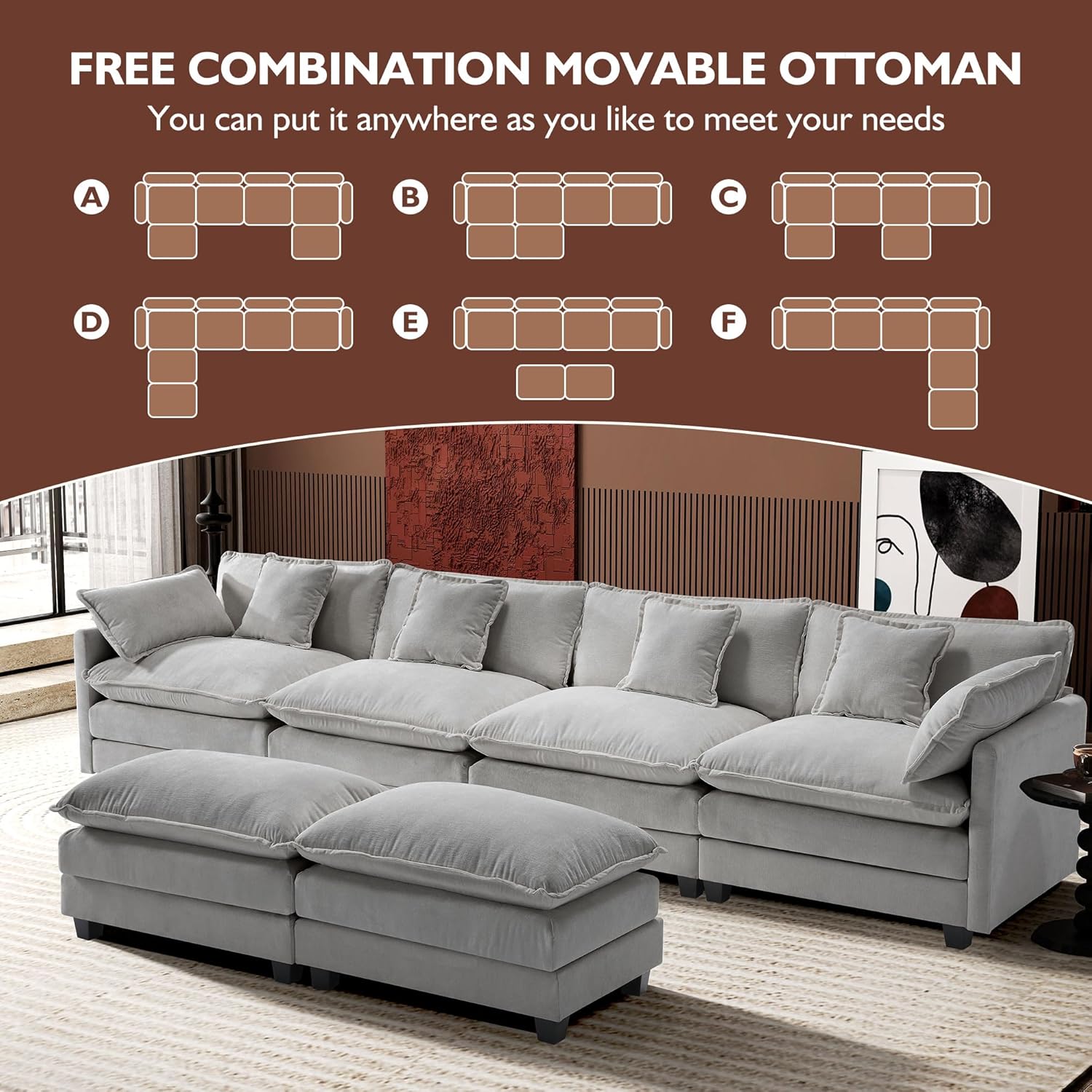 Ihanherry U Shaped Modular Cloud Sofa 5 Seat Chenille Sectional with Ottoman