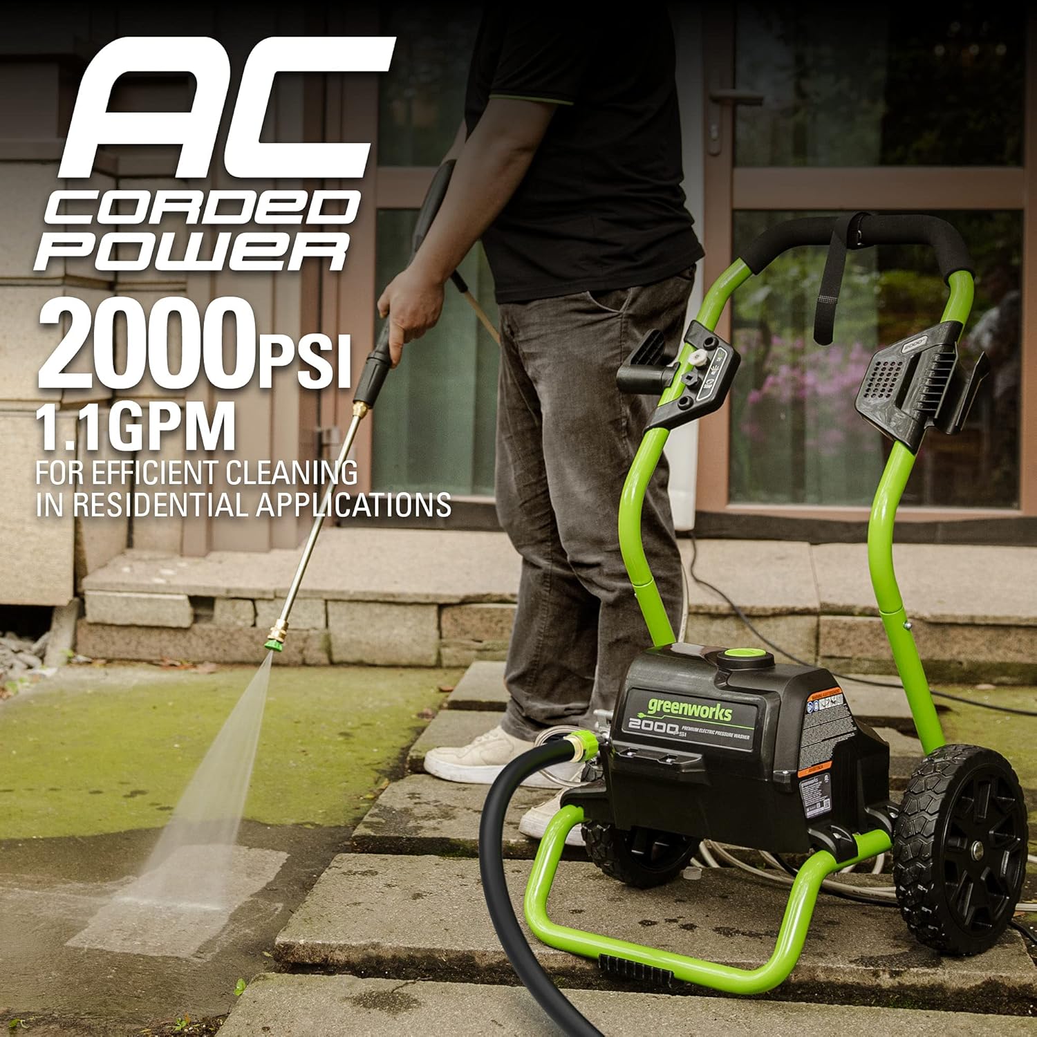 Greenworks 2000 PSI Electric Pressure Washer 13 Amp with Wheels 20 FT Hose 35 FT Cord