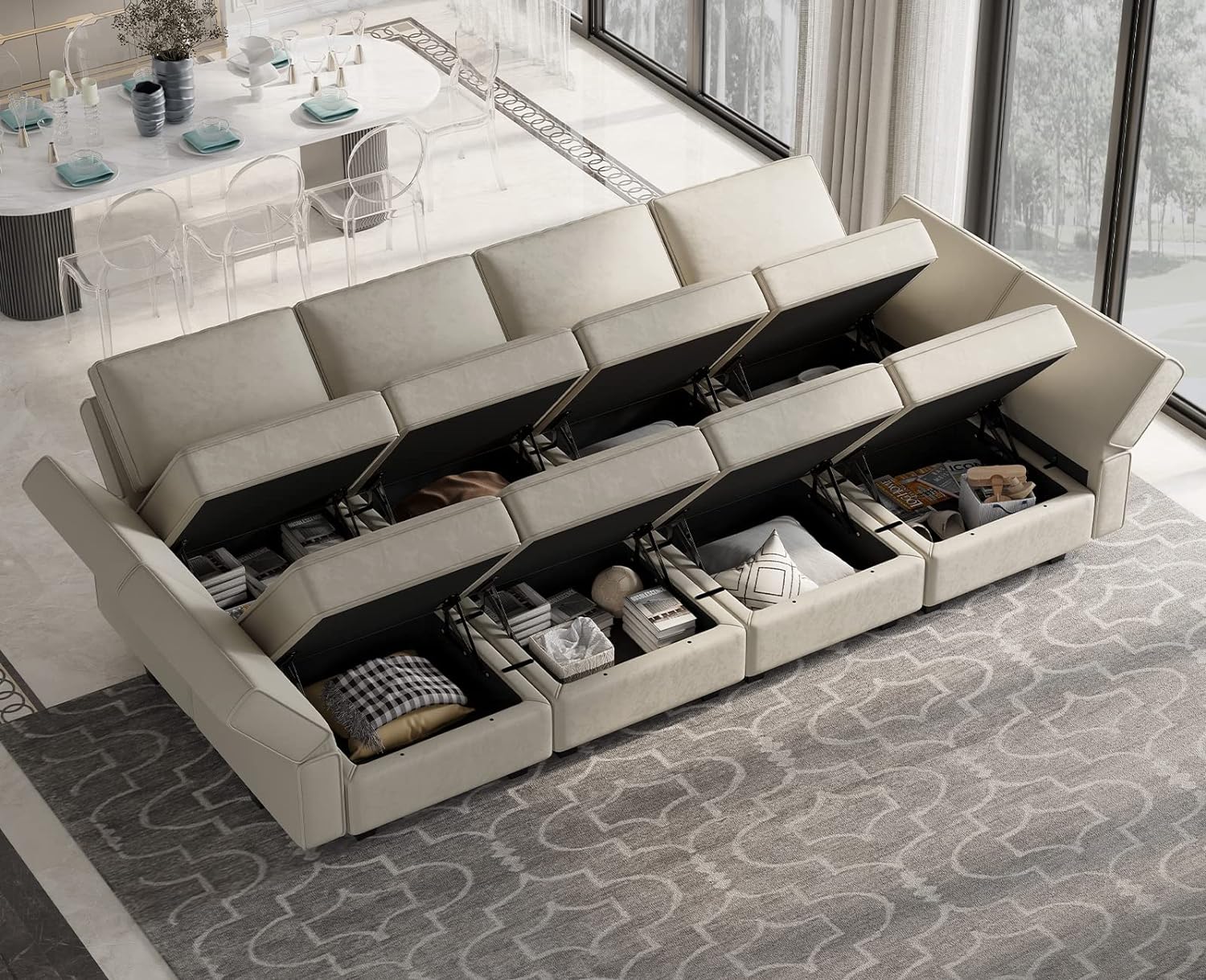 Belffin Reversible Modular Sectional Sofa with Ottomans Velvet Sleeper Chaise Bed Storage Seat Black