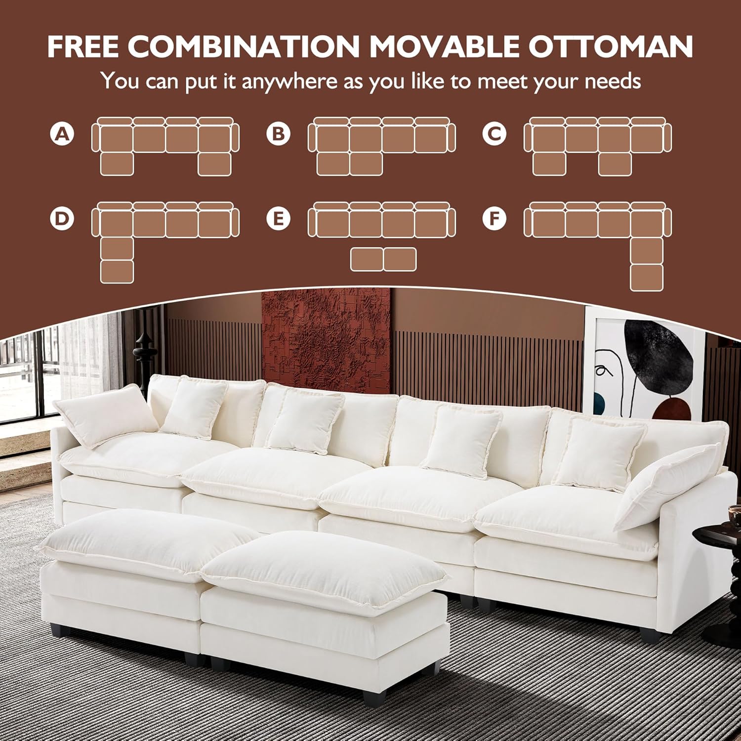 Ihanherry U Shaped Modular Cloud Sofa 5 Seat Chenille Sectional with Ottoman