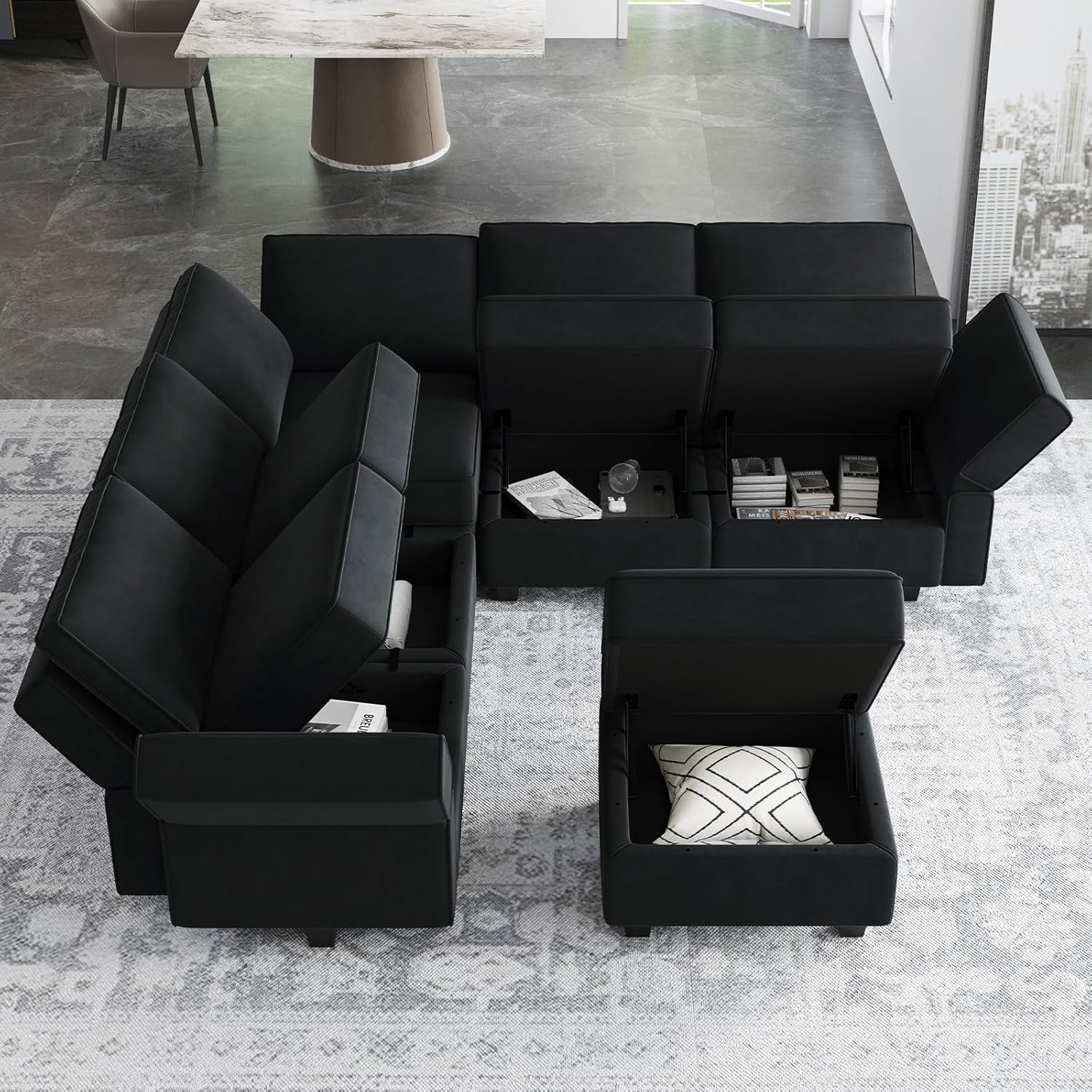 Belffin Reversible Modular Sectional Sofa with Ottomans Velvet Sleeper Chaise Bed Storage Seat Black