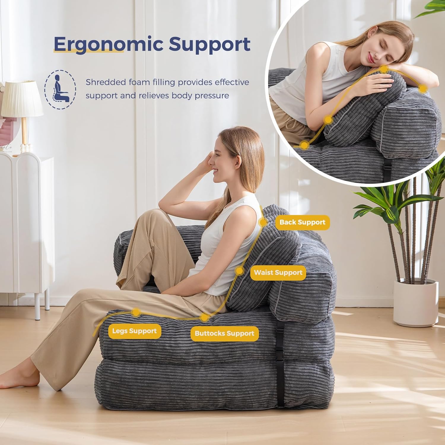 MAXYOYO L Shaped Folding Sofa Bed Convertible Sleeper with Pillow Armrest