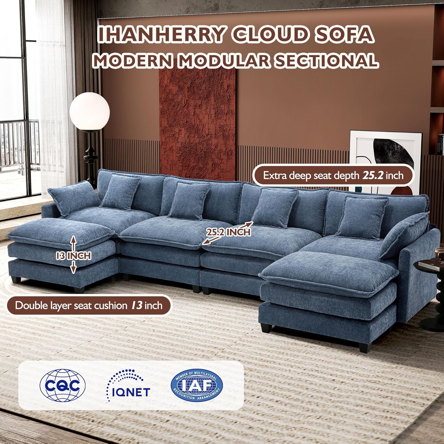 Ihanherry U Shaped Modular Cloud Sofa 5 Seat Chenille Sectional with Ottoman