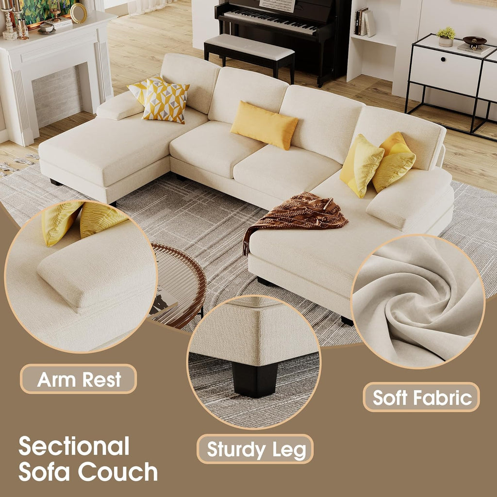 Furmax U-Shaped Sectional Sofa Couch 4 Seat Linen Fabric Double Chaise