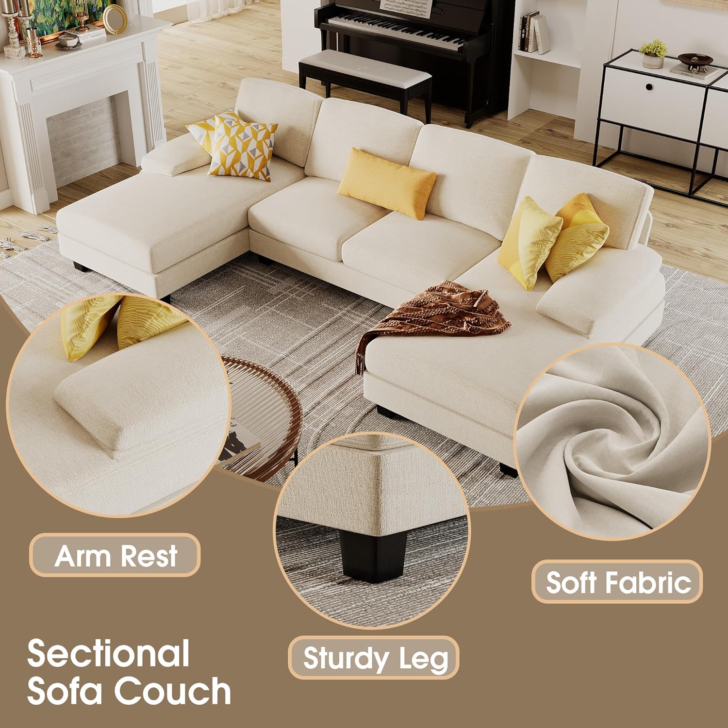 Furmax U-Shaped Sectional Sofa Couch 4 Seat Linen Fabric Double Chaise
