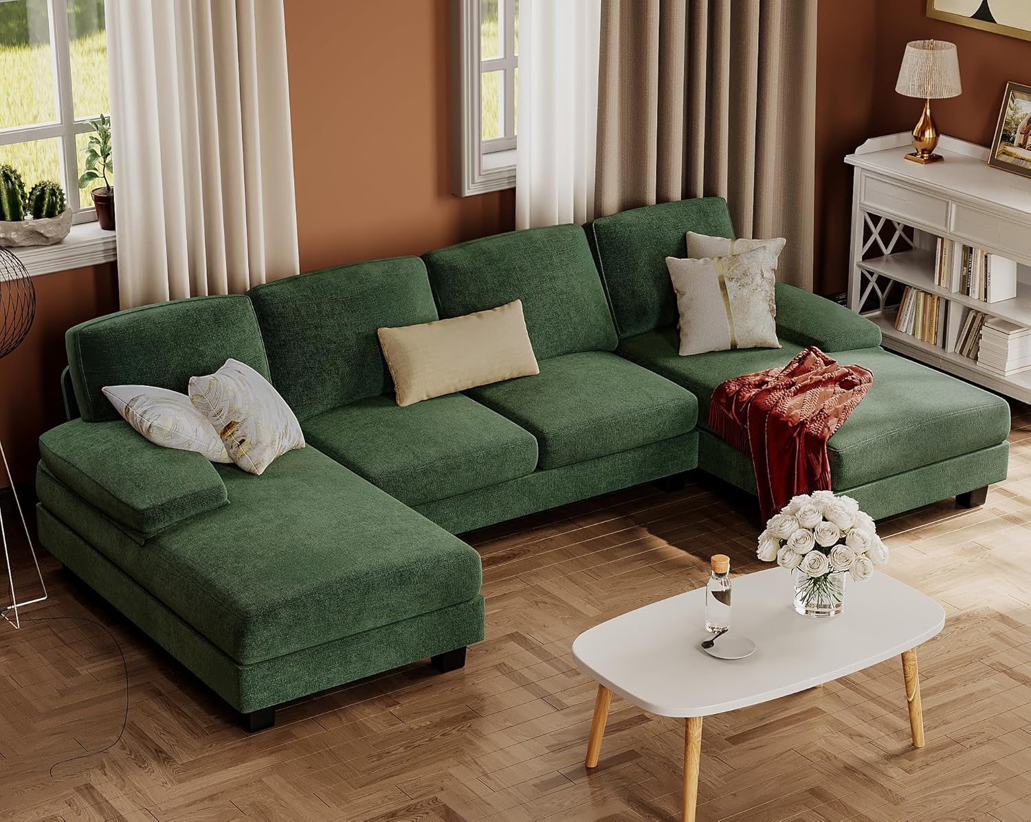 Furmax U-Shaped Sectional Sofa Couch 4 Seat Linen Fabric Double Chaise