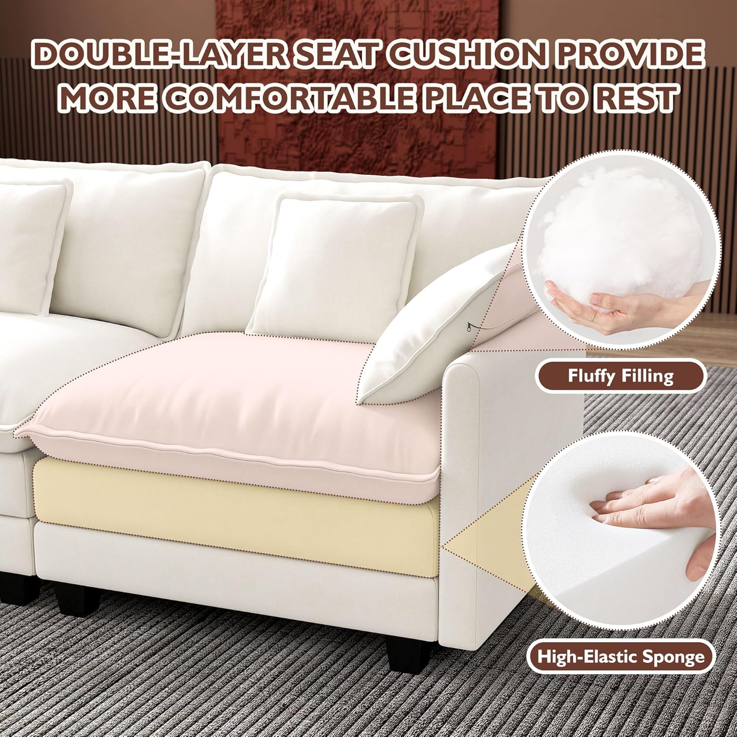 Ihanherry U Shaped Modular Cloud Sofa 5 Seat Chenille Sectional with Ottoman
