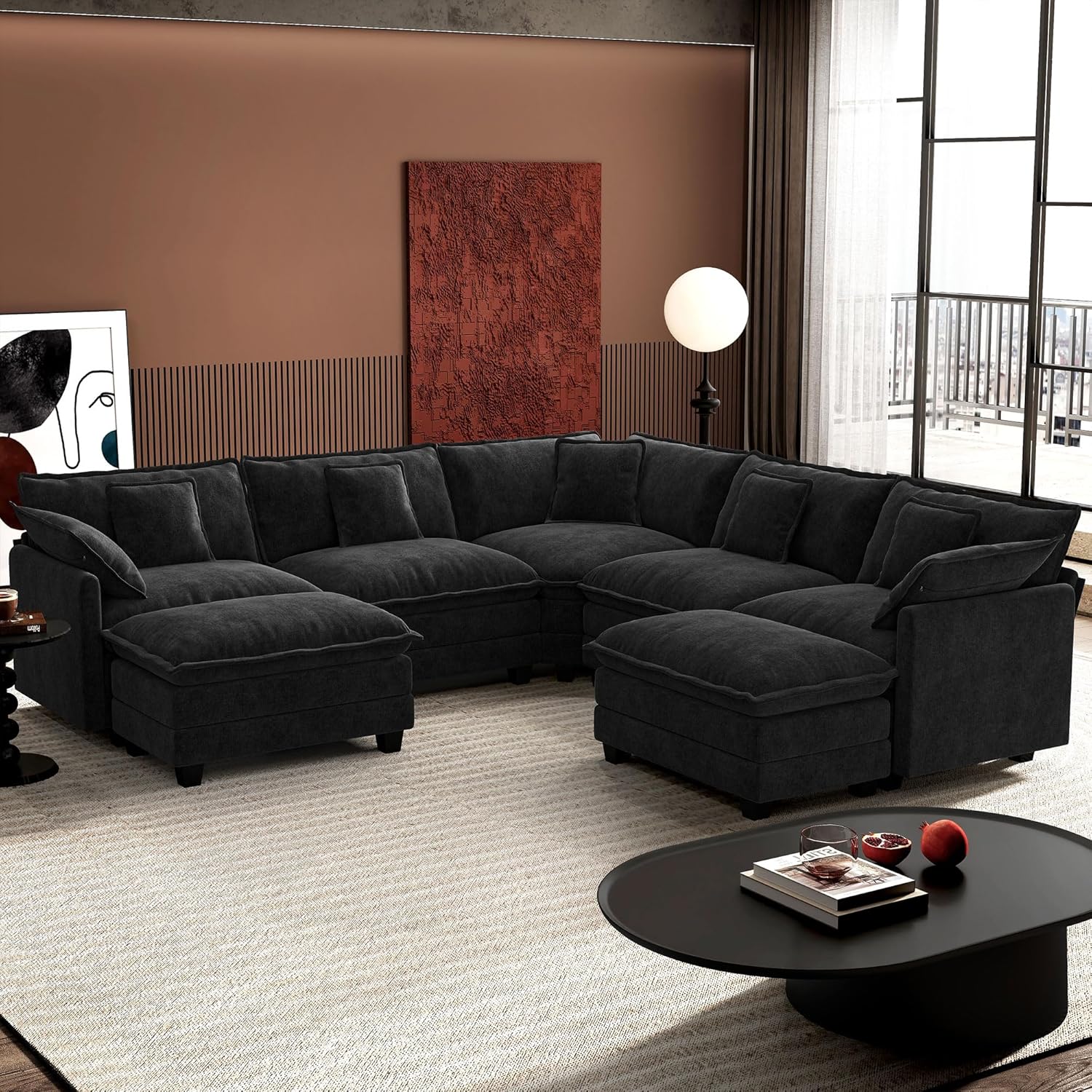 Ihanherry U Shaped Modular Cloud Sofa 5 Seat Chenille Sectional with Ottoman