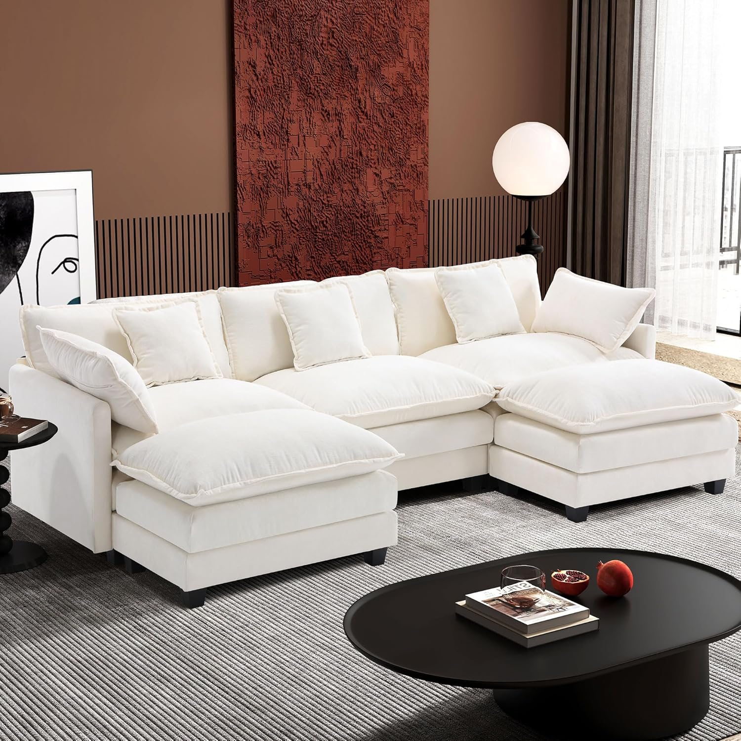 Ihanherry U Shaped Modular Cloud Sofa 5 Seat Chenille Sectional with Ottoman