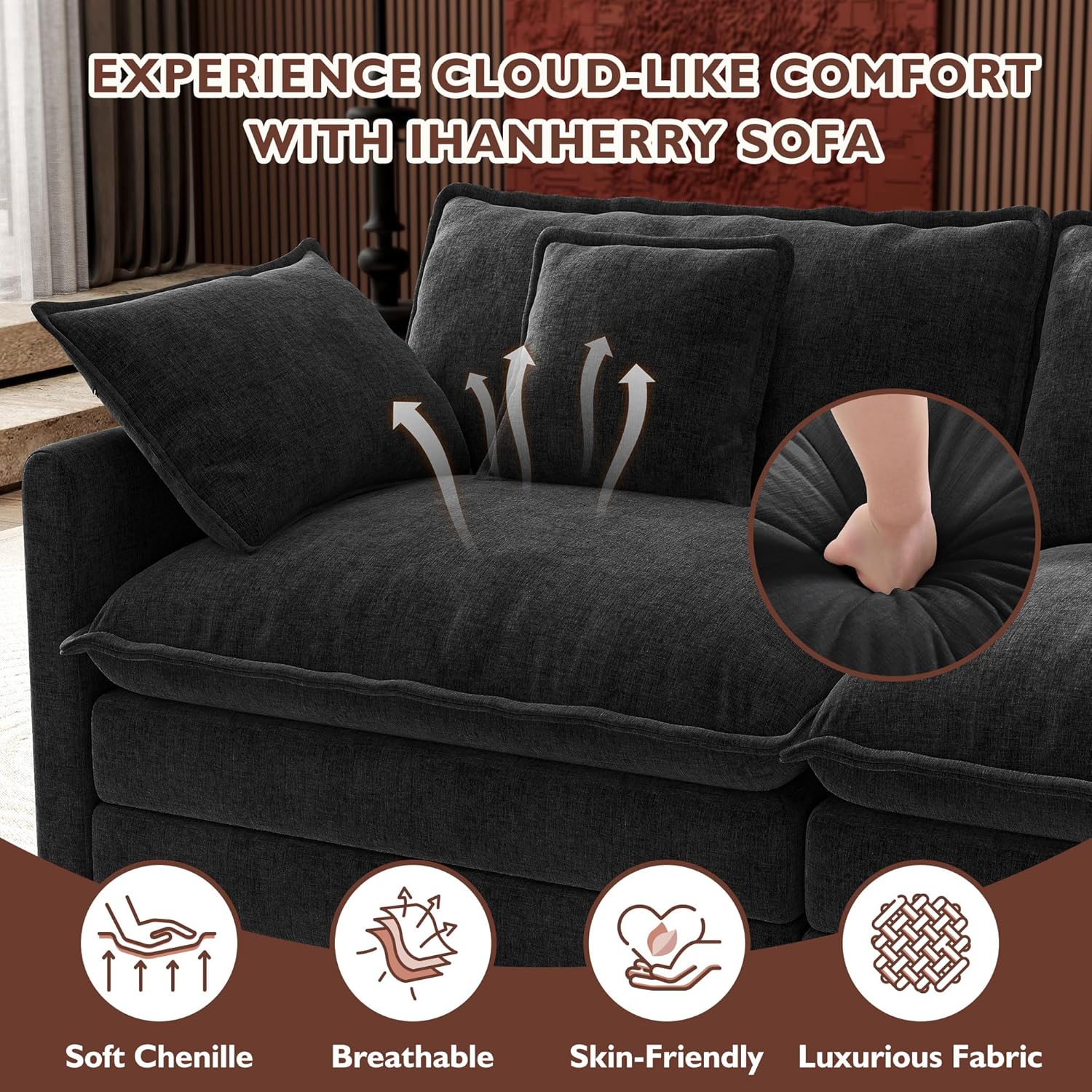 Ihanherry U Shaped Modular Cloud Sofa 5 Seat Chenille Sectional with Ottoman