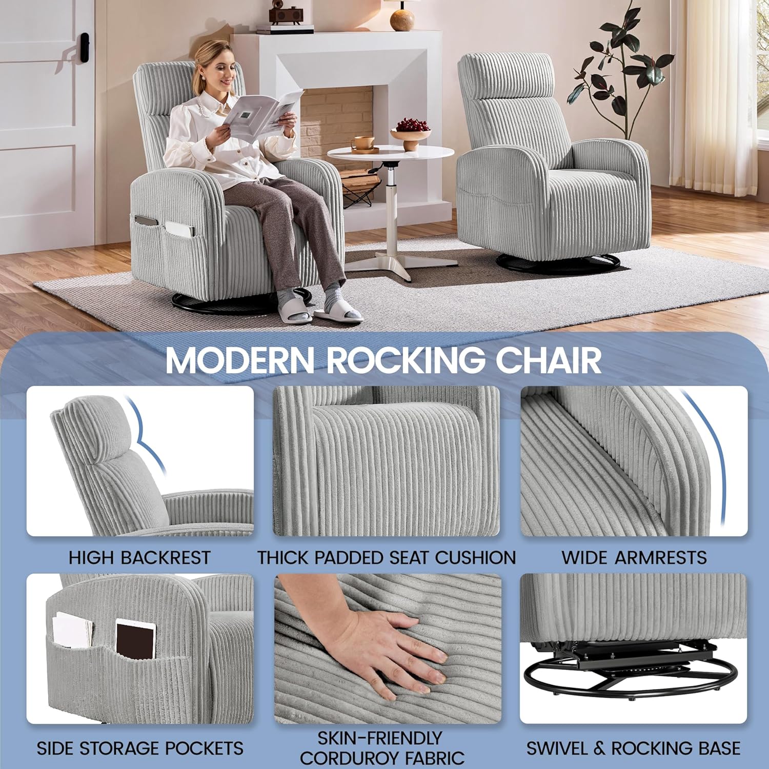 Yaheetech 360 Swivel Glider Chair Nursery Corduroy Rocking Nursing Chair with Pockets