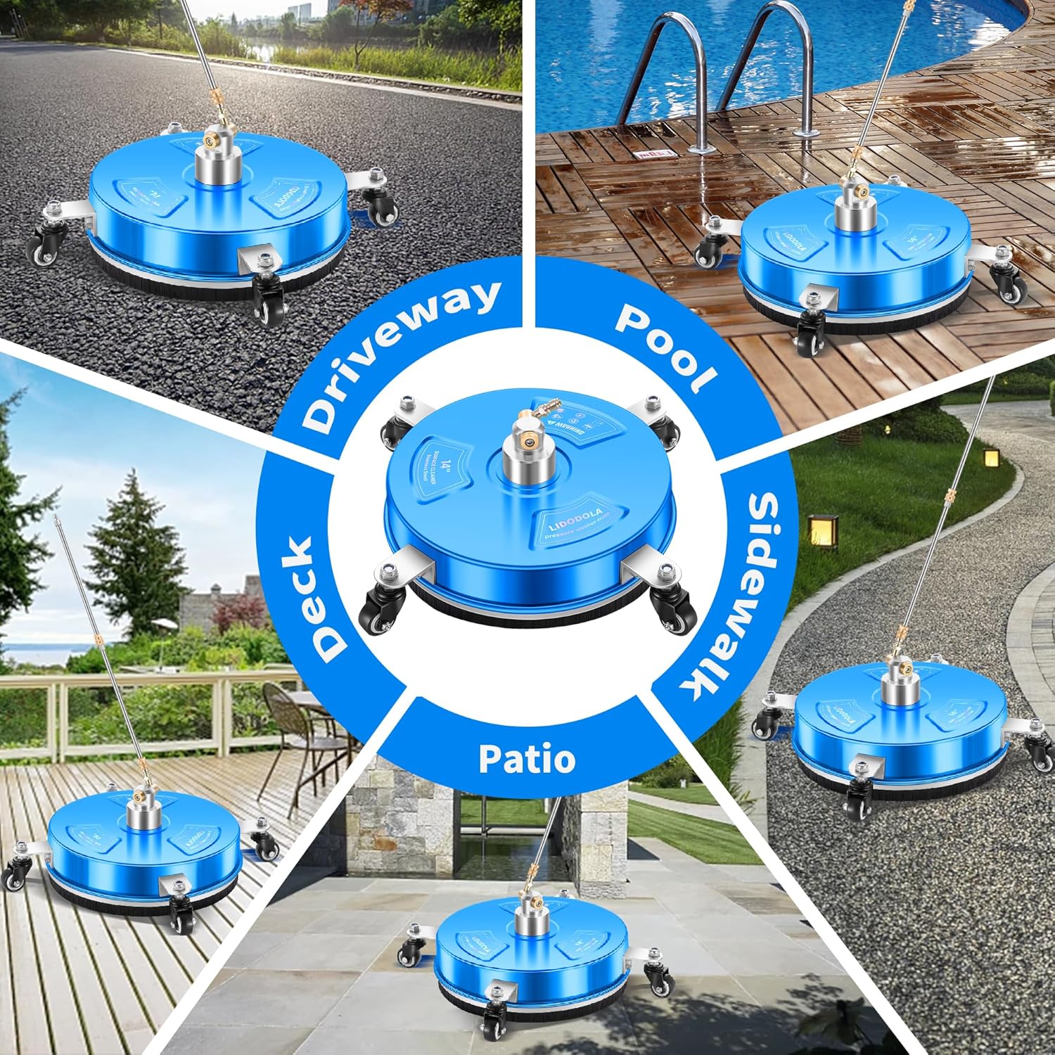 LidoDola 14 Inch Pressure Washer Surface Cleaner with Wheels for Concrete Patio Deck