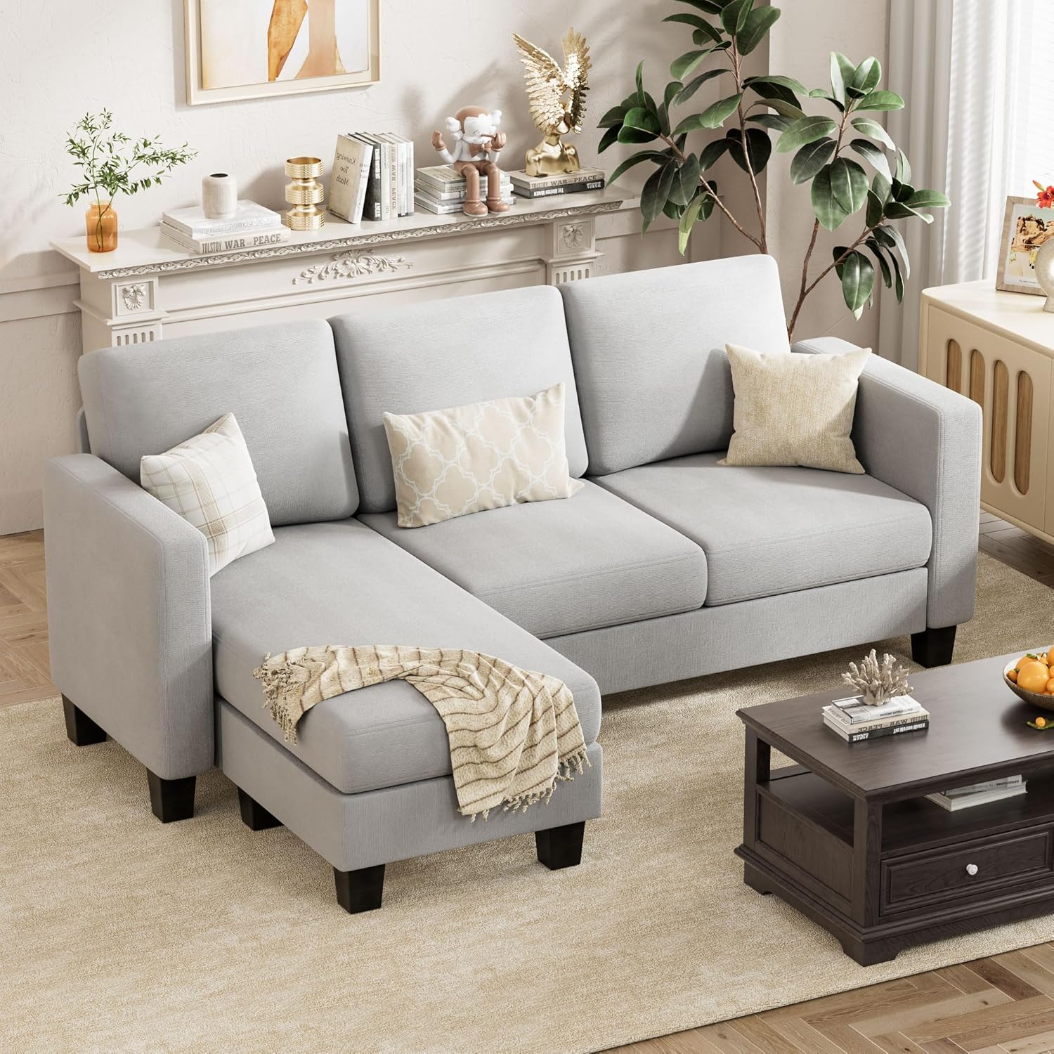 VICTONE Convertible L Shaped Sectional Sofa Couch 3 Seat with Ottoman