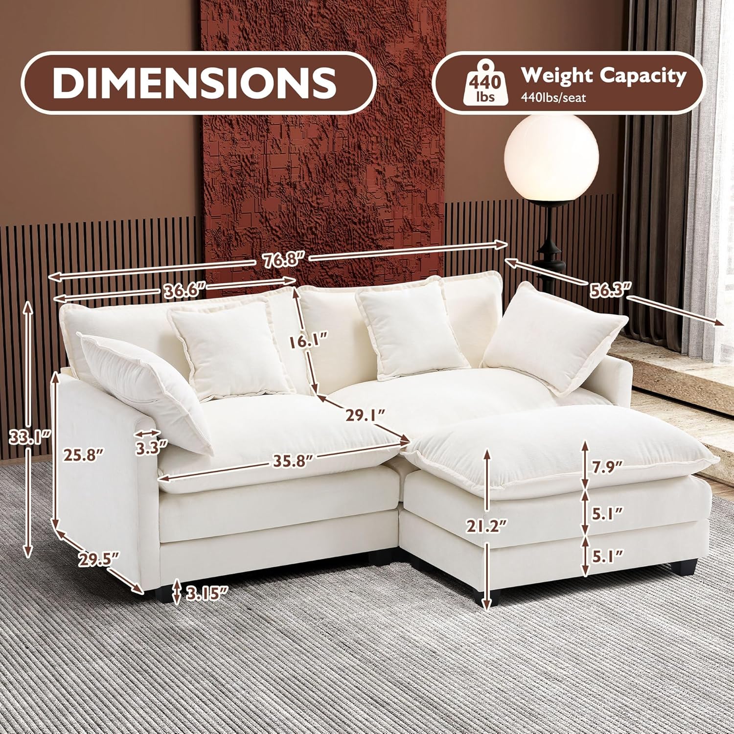 Ihanherry U Shaped Modular Cloud Sofa 5 Seat Chenille Sectional with Ottoman