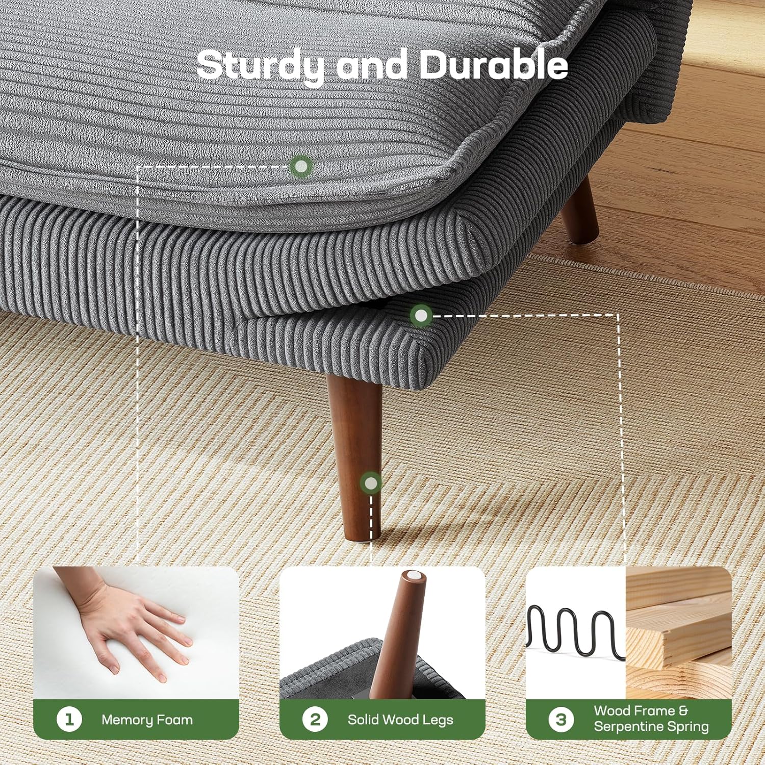 Marsail Futon Sofa Bed Convertible Corduroy Loveseat with Adjustable Backrest