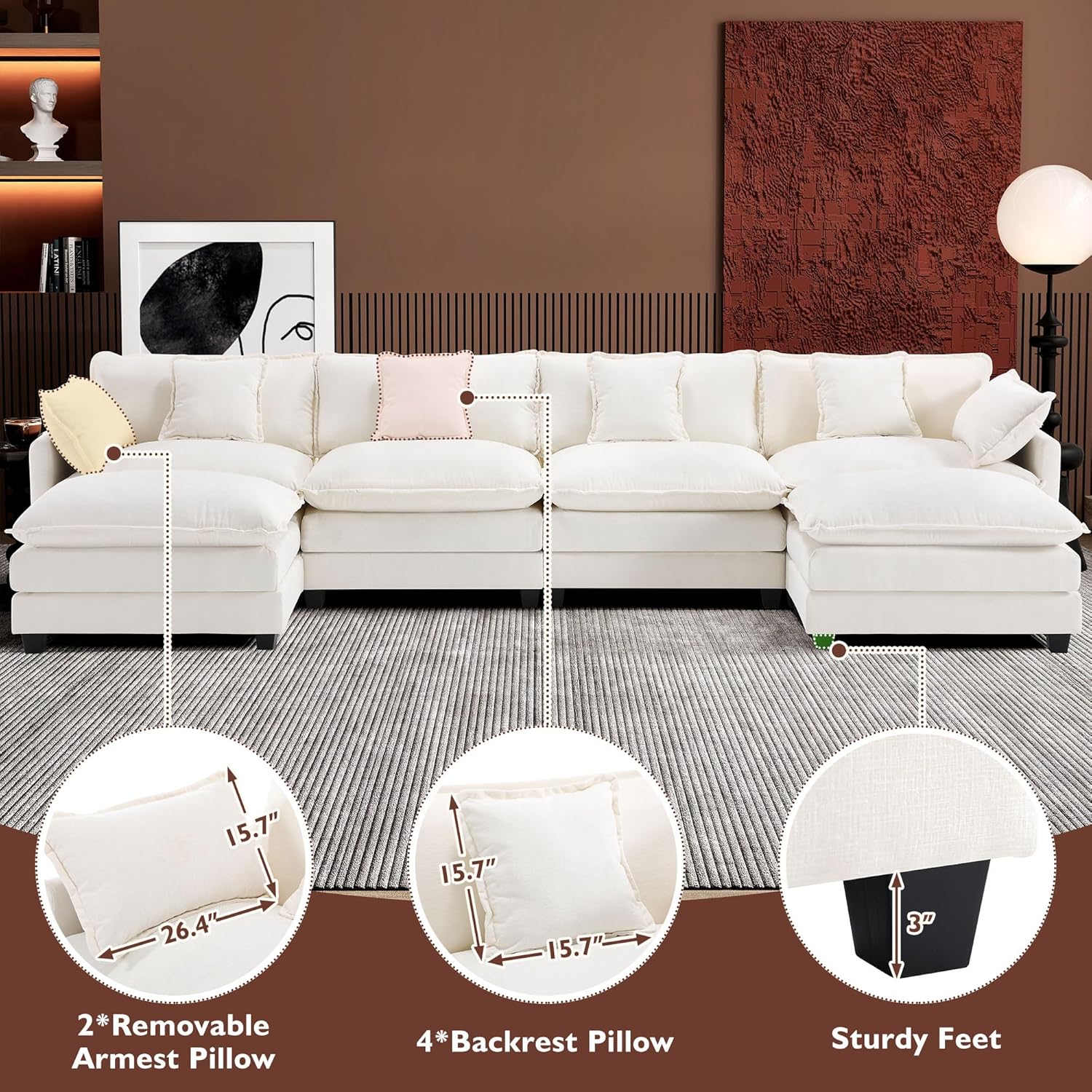 Ihanherry U Shaped Modular Cloud Sofa 5 Seat Chenille Sectional with Ottoman