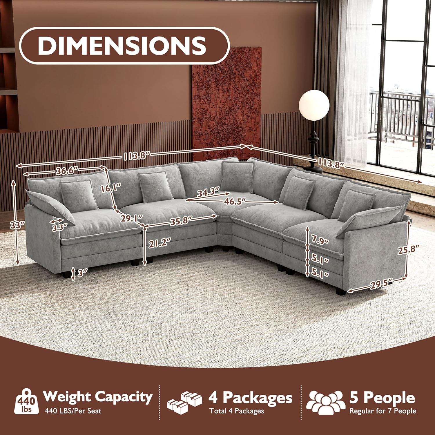 Ihanherry U Shaped Modular Cloud Sofa 5 Seat Chenille Sectional with Ottoman