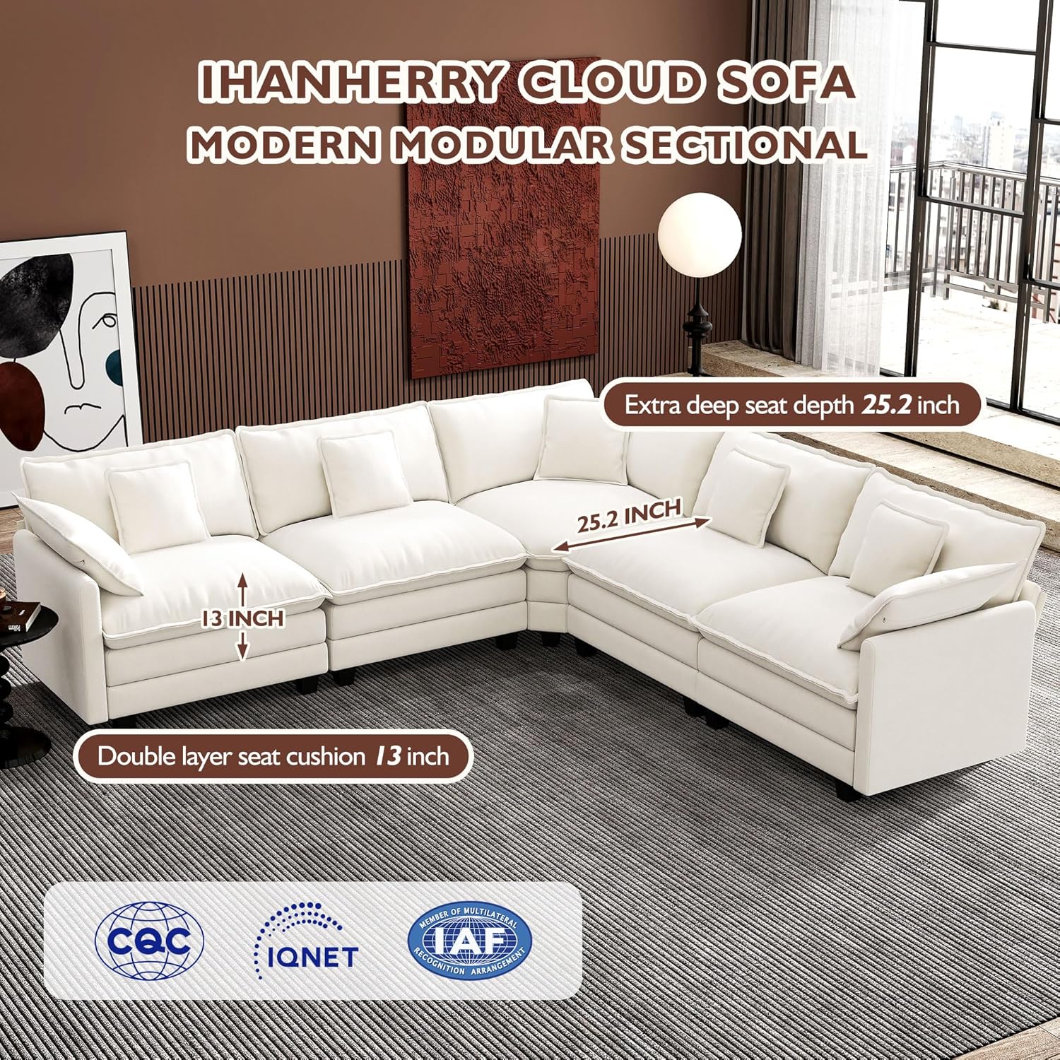 Ihanherry U Shaped Modular Cloud Sofa 5 Seat Chenille Sectional with Ottoman