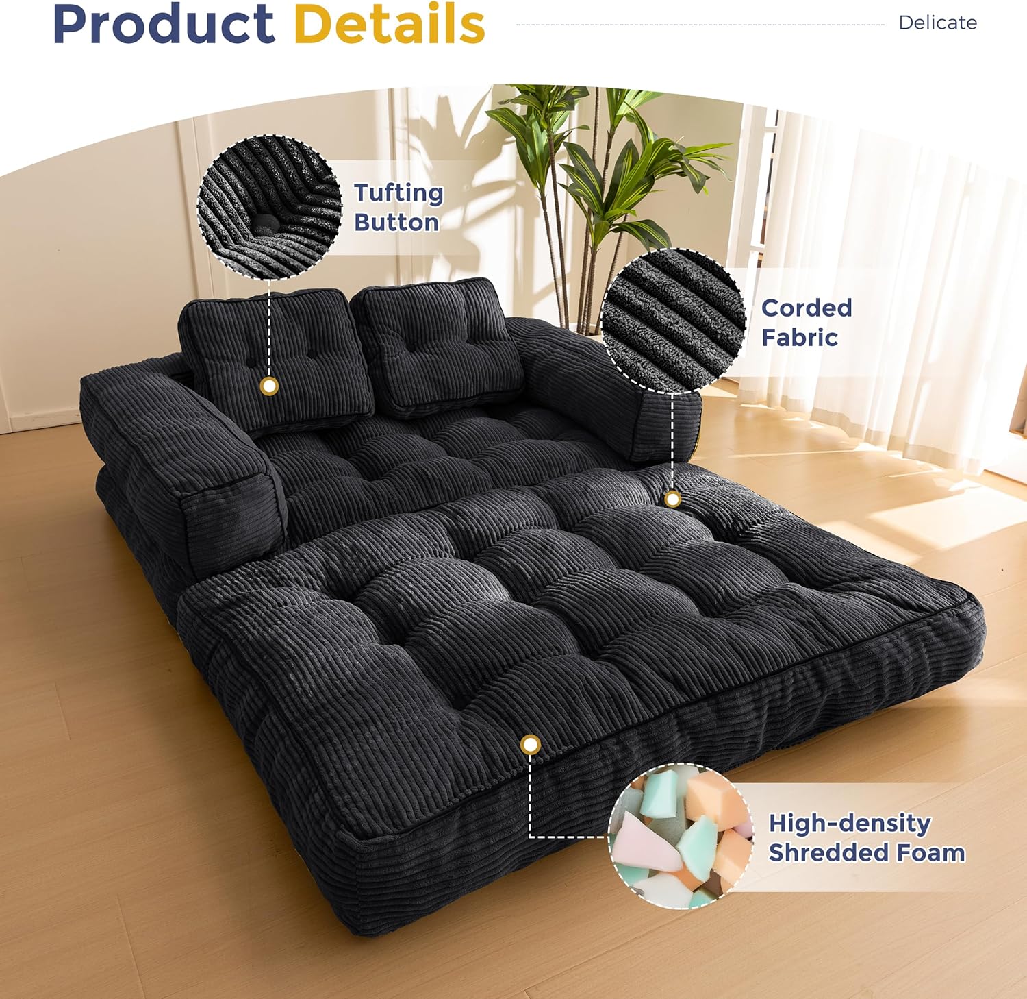 MAXYOYO L Shaped Folding Sofa Bed Convertible Sleeper with Pillow Armrest