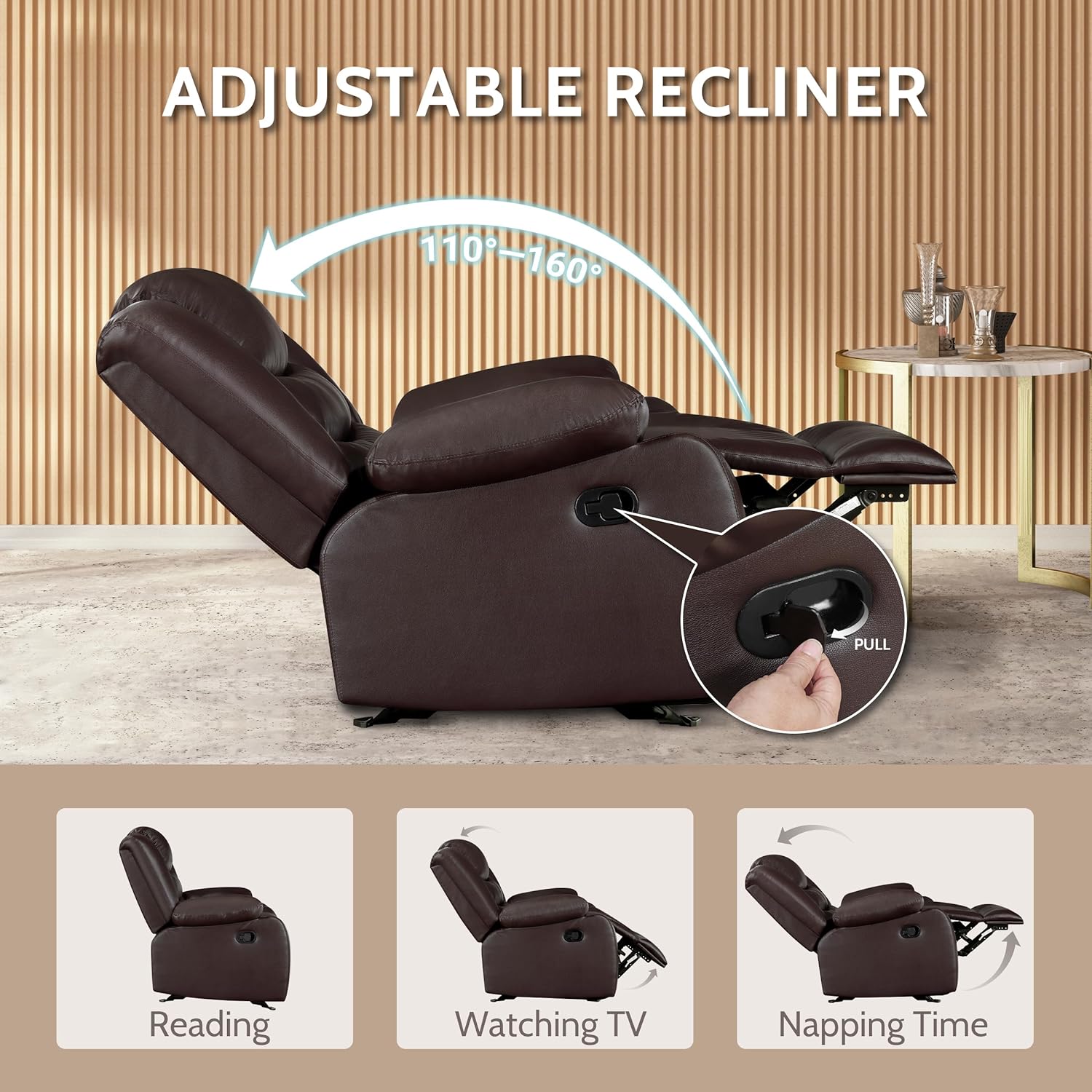 PrimeZone Oversized Rocker Recliner Chair Faux Leather Manual Reclining Brown