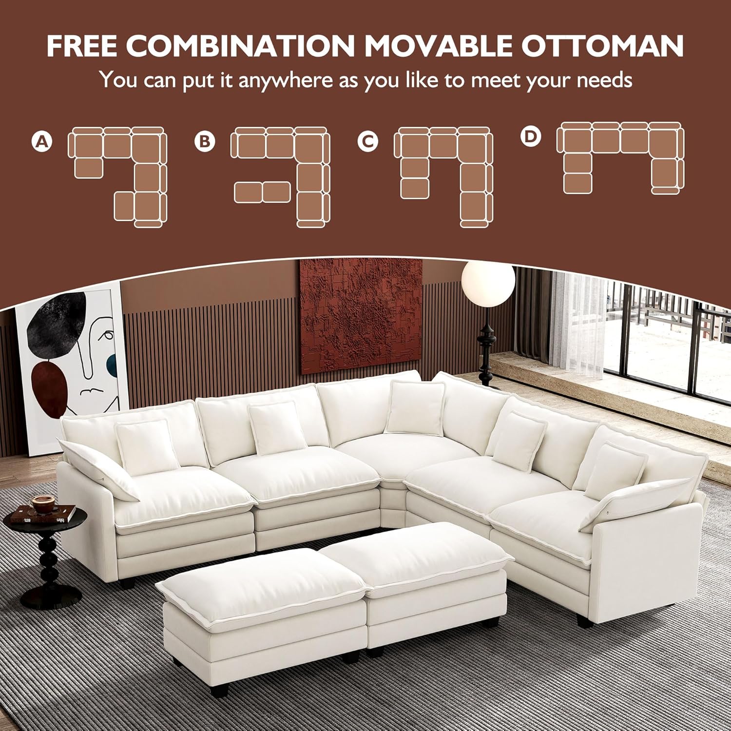 Ihanherry U Shaped Modular Cloud Sofa 5 Seat Chenille Sectional with Ottoman