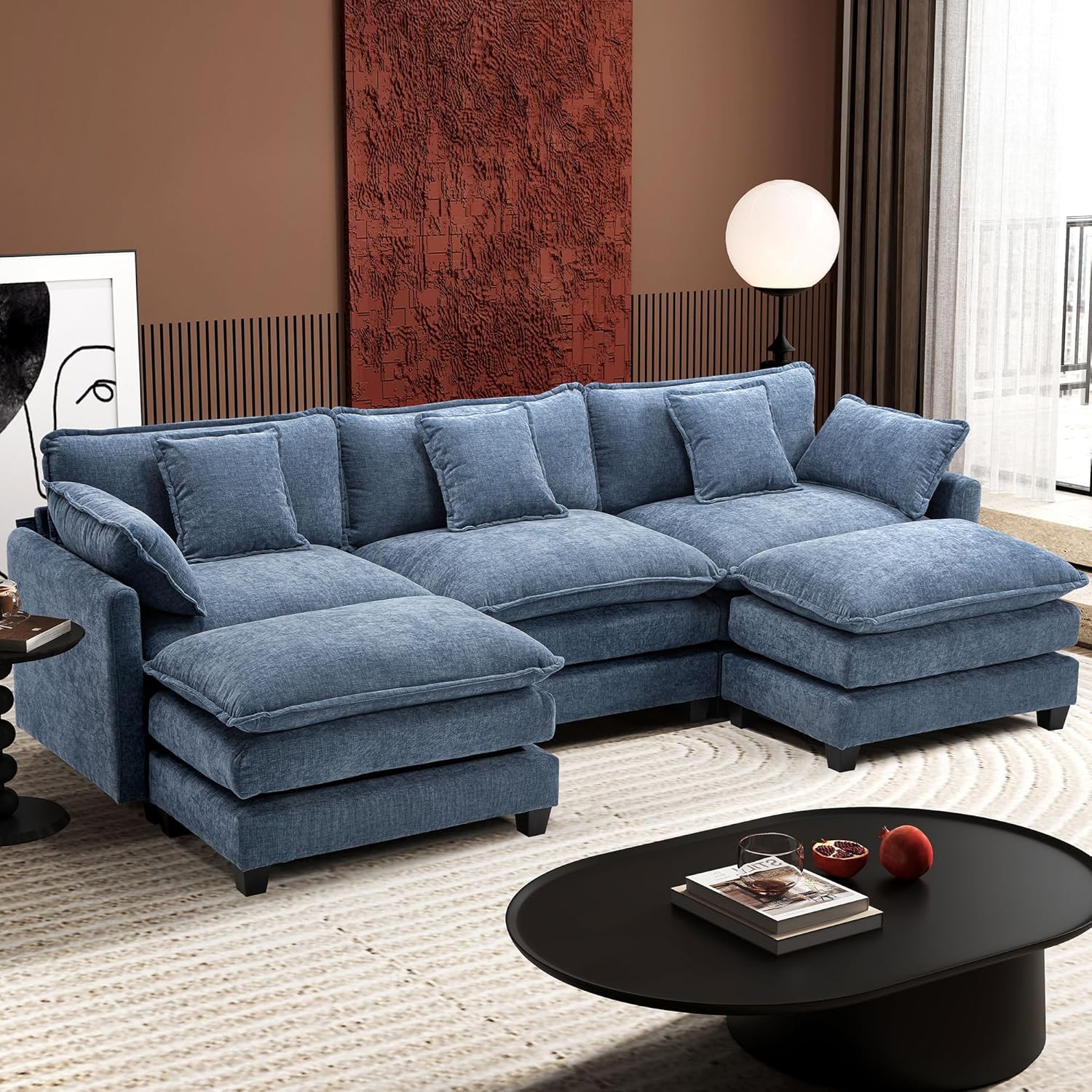 Ihanherry U Shaped Modular Cloud Sofa 5 Seat Chenille Sectional with Ottoman
