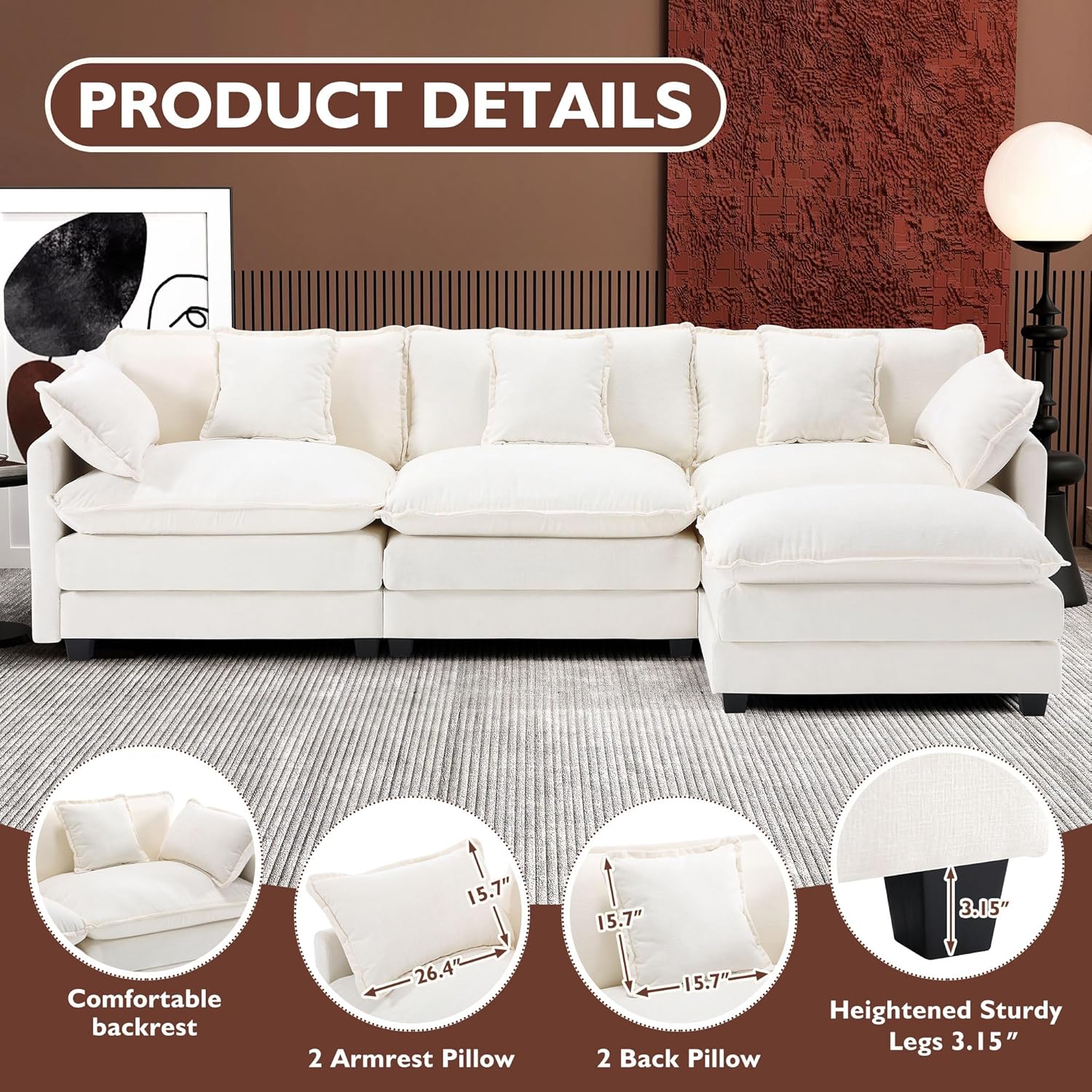 Ihanherry U Shaped Modular Sectional Sofa 5 Seat with 2 Ottomans Chenille