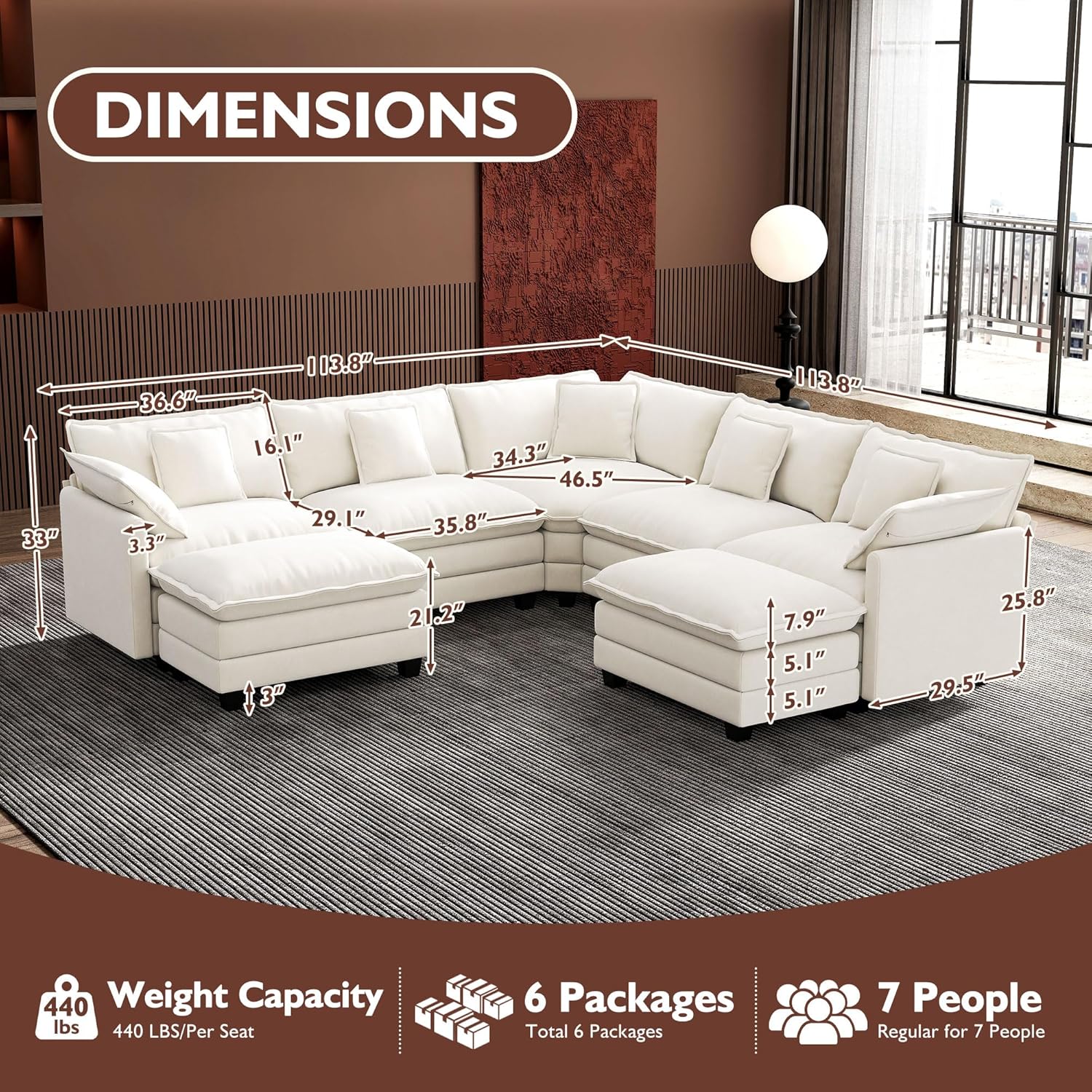 Ihanherry U Shaped Modular Cloud Sofa 5 Seat Chenille Sectional with Ottoman
