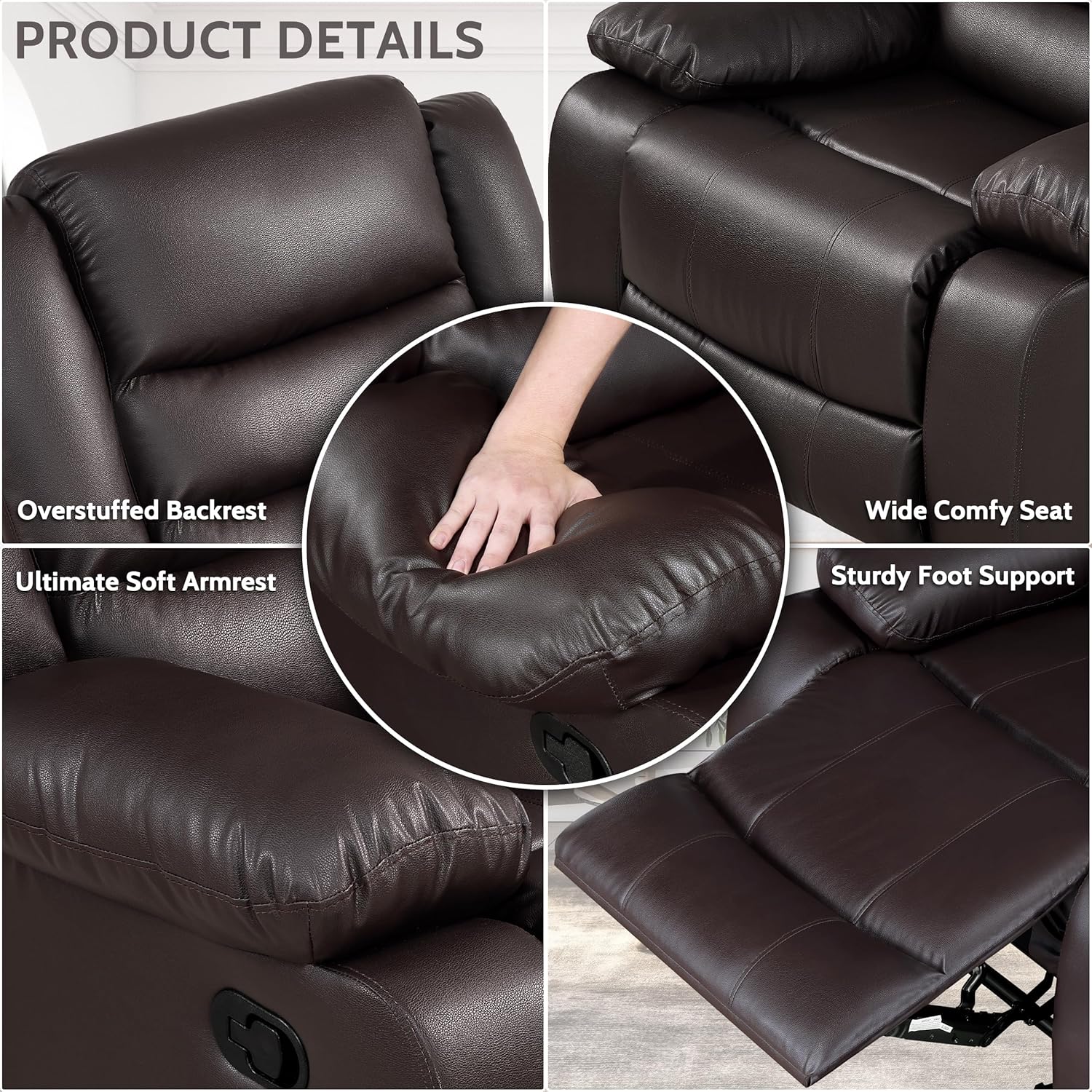 PrimeZone Oversized Rocker Recliner Chair Faux Leather Manual Reclining Brown