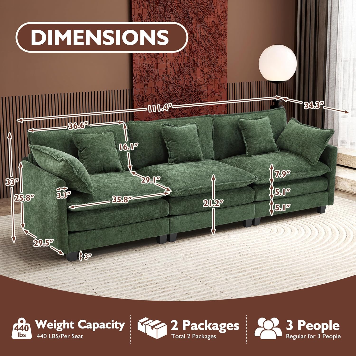 Ihanherry U Shaped Modular Cloud Sofa 5 Seat Chenille Sectional with Ottoman
