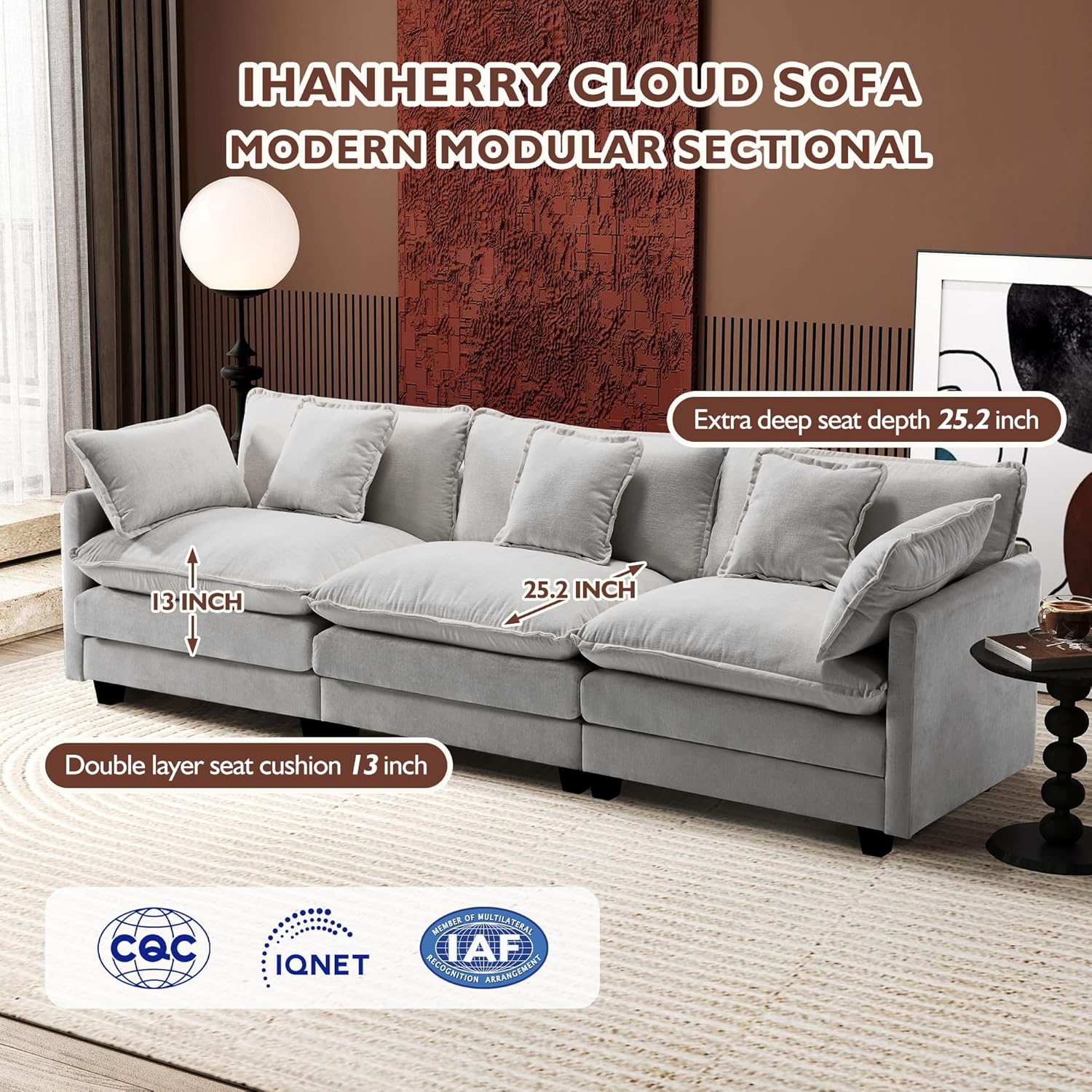 Ihanherry U Shaped Modular Cloud Sofa 5 Seat Chenille Sectional with Ottoman