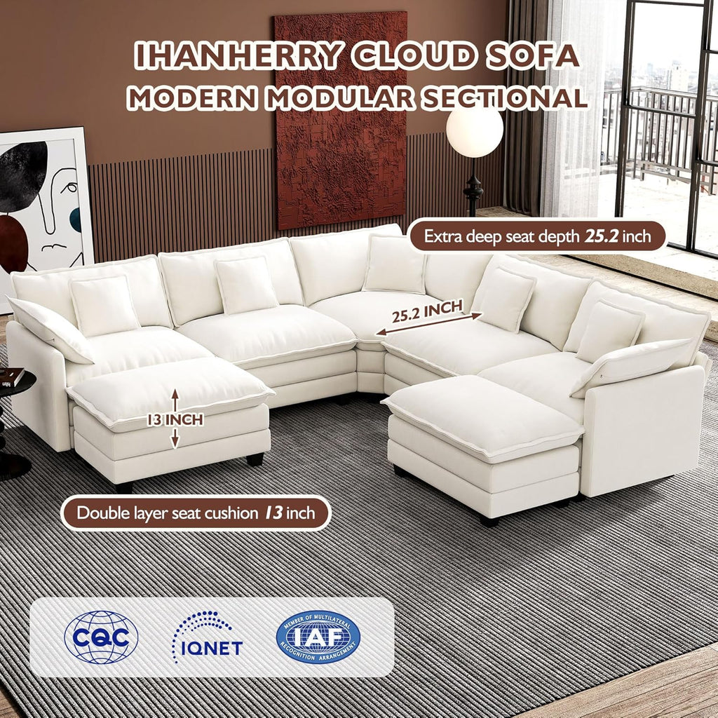 Ihanherry U Shaped Modular Sectional Sofa 5 Seat with 2 Ottomans Chenille