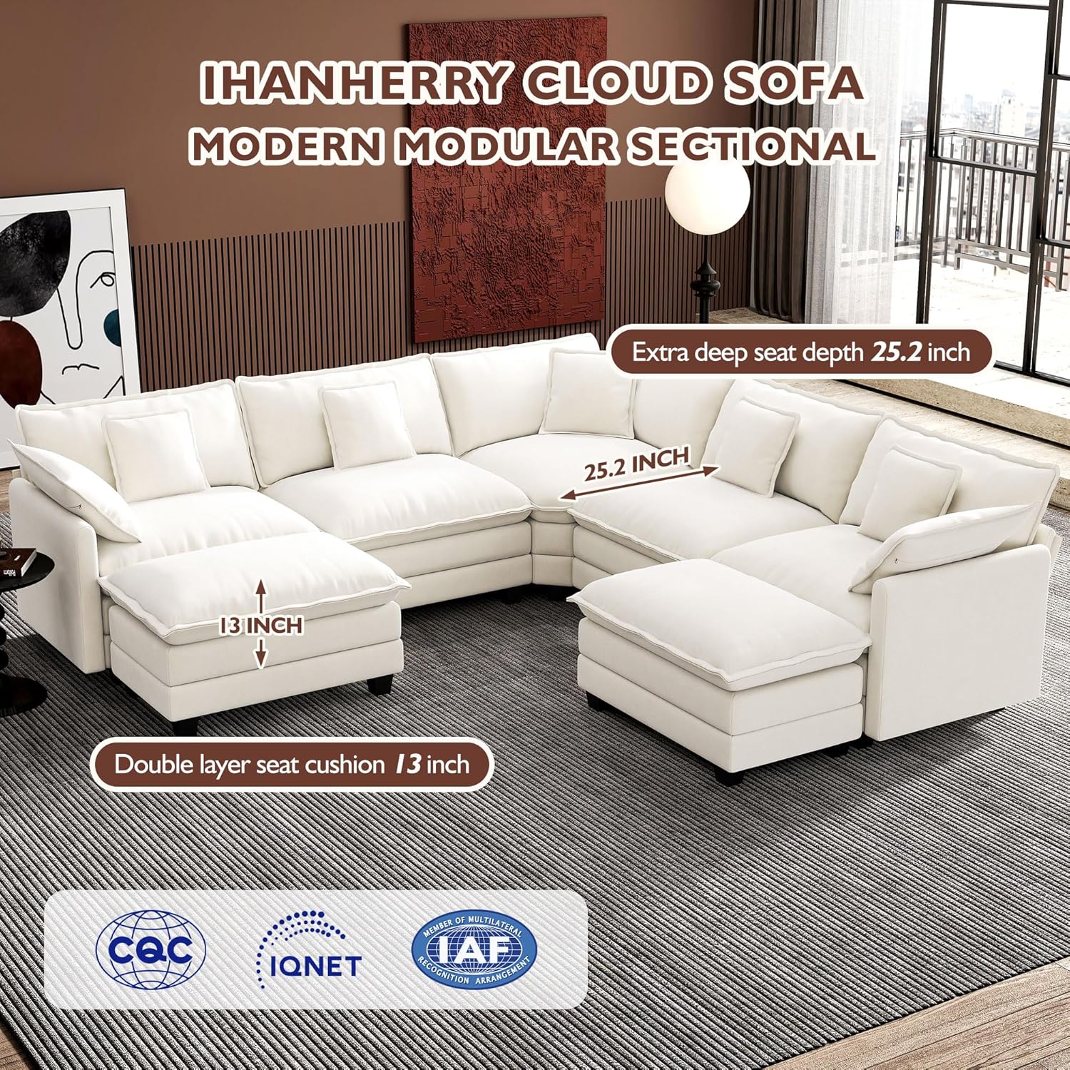 Ihanherry U Shaped Modular Cloud Sofa 5 Seat Chenille Sectional with Ottoman